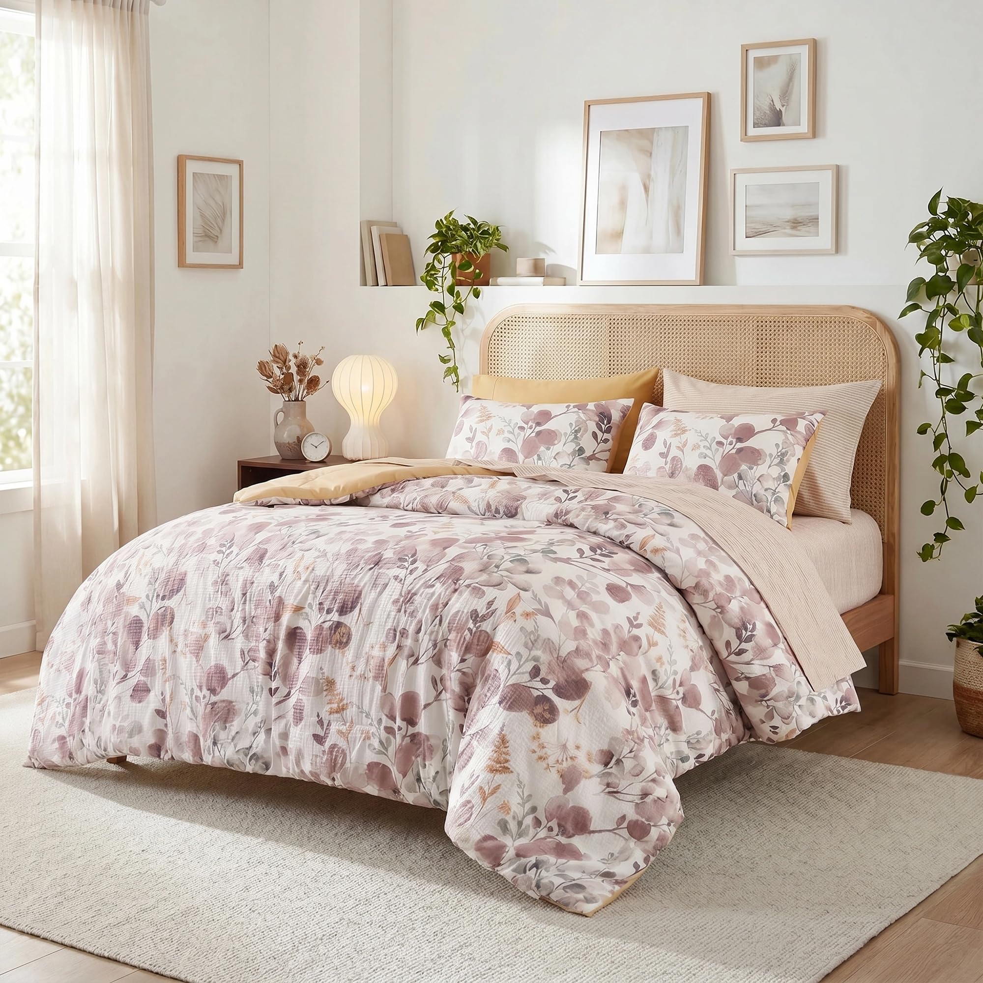 Regency Heights Lightweight Seersucker Botanical Comforter Set King Size, 9 Pieces Reversible Design Bed in A Bag Set, Premium Microfiber Bedding Set, Brown