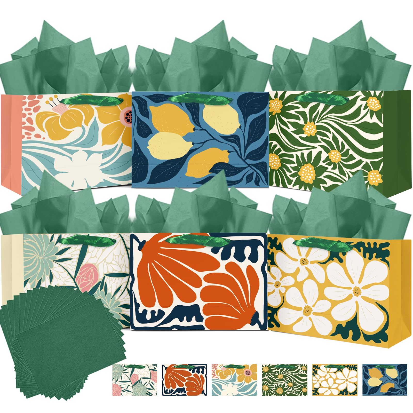 qiqee 9.6"x7.9"x4.3" 6PCS Clash Flowers Paper Gift Wide Bags with Tissue Paper Handles Medium Size Bags（ Tissue Paper ）