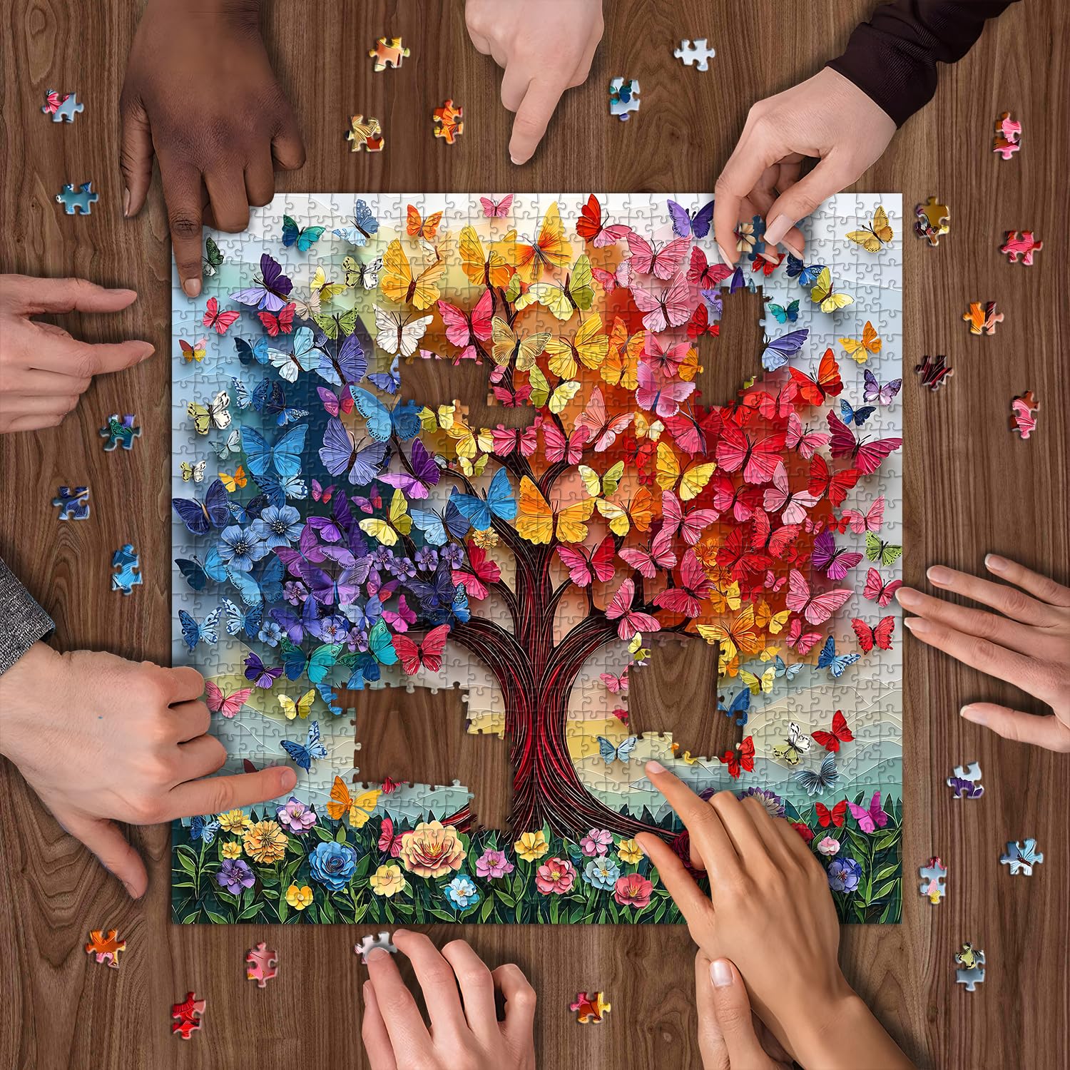 Rompecabezas coloridos de mariposa para adultos, 1000 piezas, árbol de la vida, rompecabezas floral arcoíris, tema único de arte de flores de primavera como decoración del hogar 8