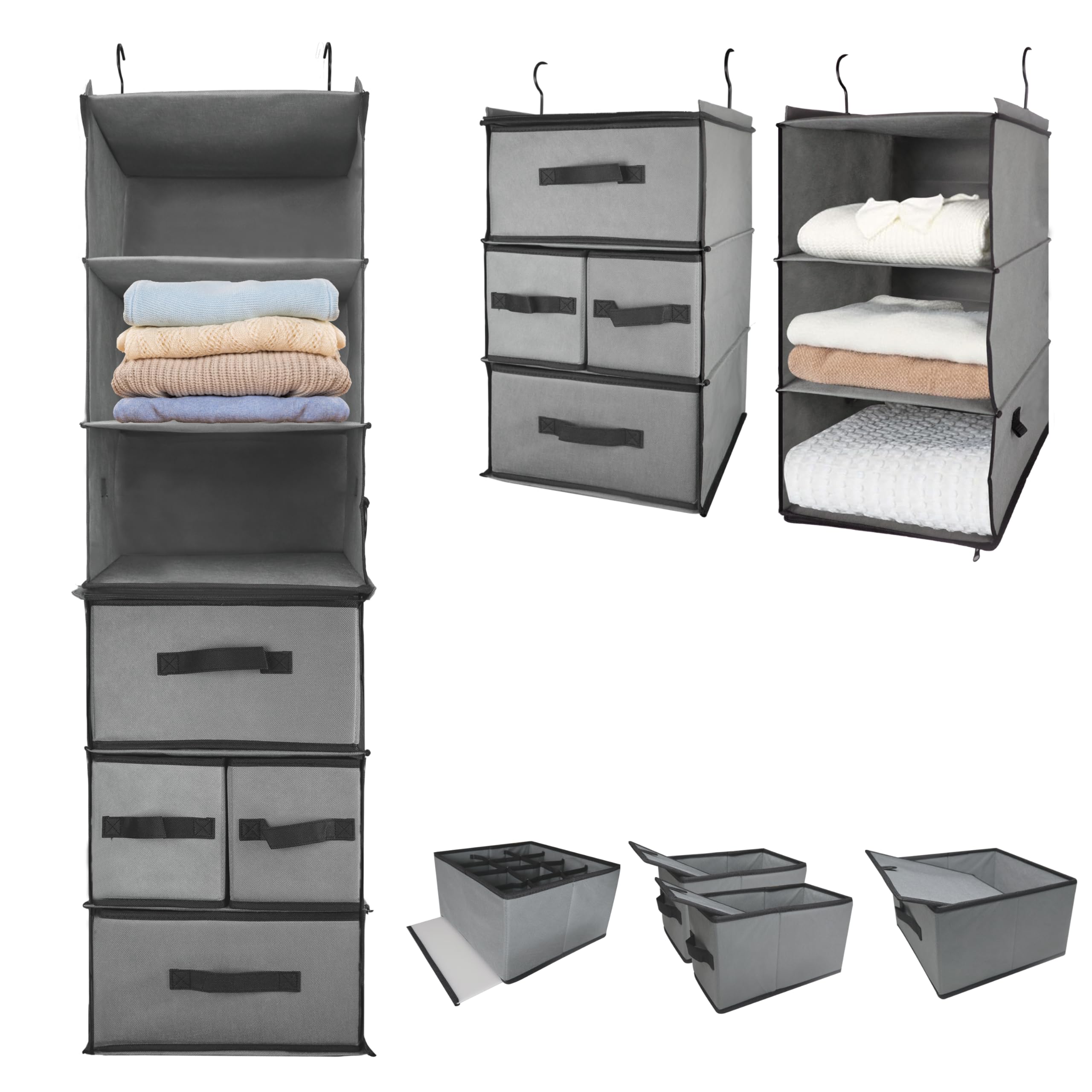 Folzaelar Durable 2-in-1 Hanging Wardrobe Organiser with 4 Removable Drawers & 2 Separable 3-Tier Hanging Shelves Clothes Storage Organization,Space-saving for Closet,Bedroom,Bathroom,Nursery,Dorm,RV