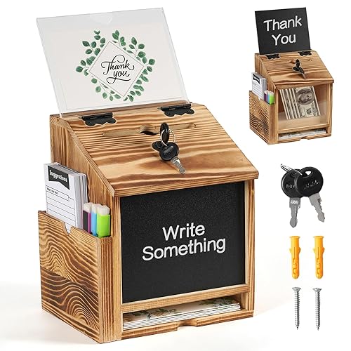 handrong Suggestion Box,Wooden Donation Box,Raffle Boxes,Ballot Prayer Tip Money Drop Boxes with Slot and Lock for Fundraising Prayer Ballot Comment