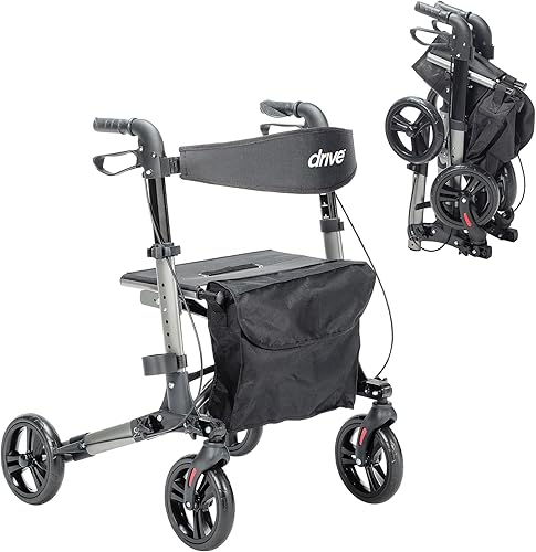 Drive Medical Rodillo plegable compacto Andador plegable ligero para personas mayores, andador de 4 ruedas con asiento y frenos, ahorra espacio y