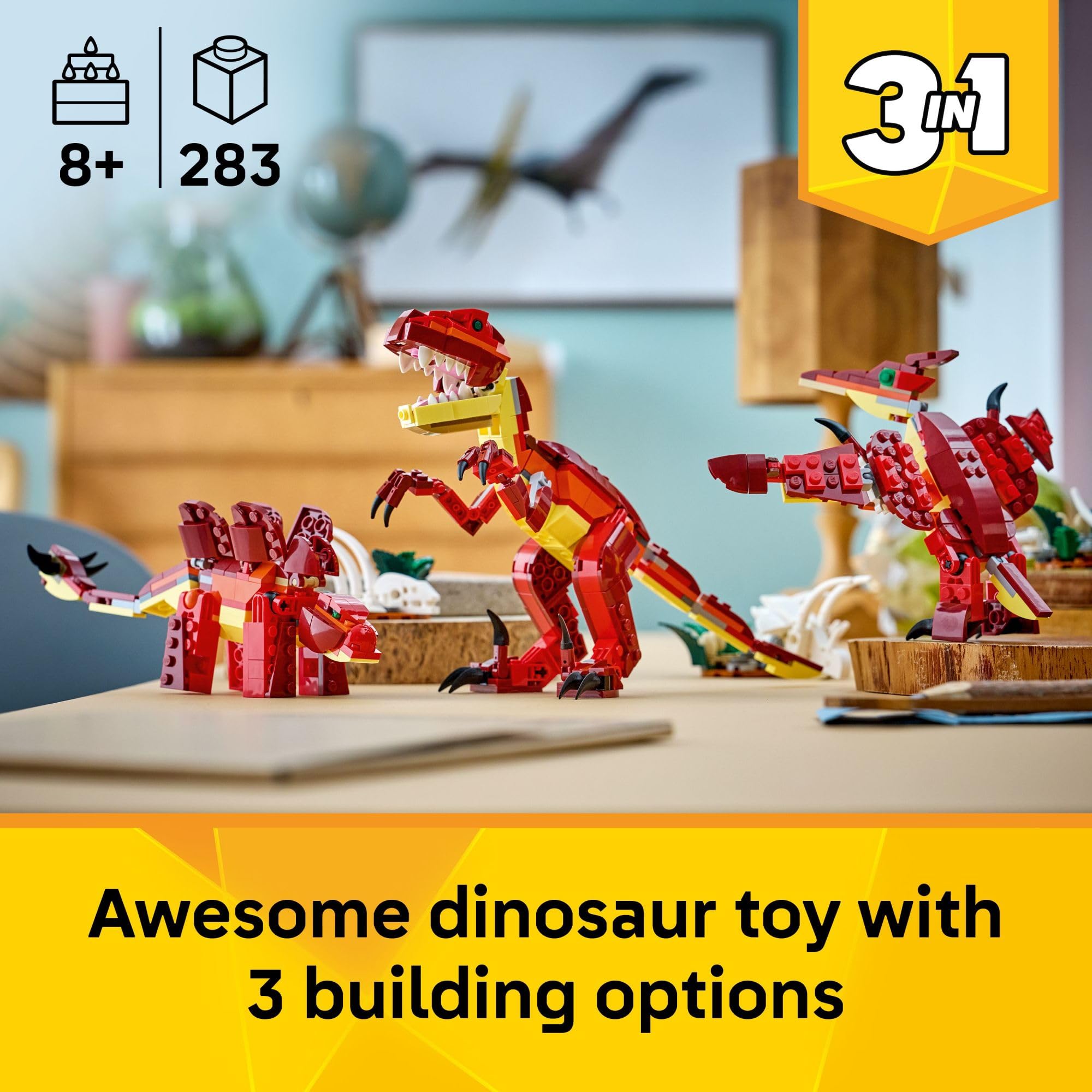 LEGO Creator 3 in 1 Fierce Dinosaur Building Toy for Boys & Girls, Ages 8+ - Kids Build 1 of 3 Prehistoric Animal Figures - Gift Idea for Birthdays - 31379