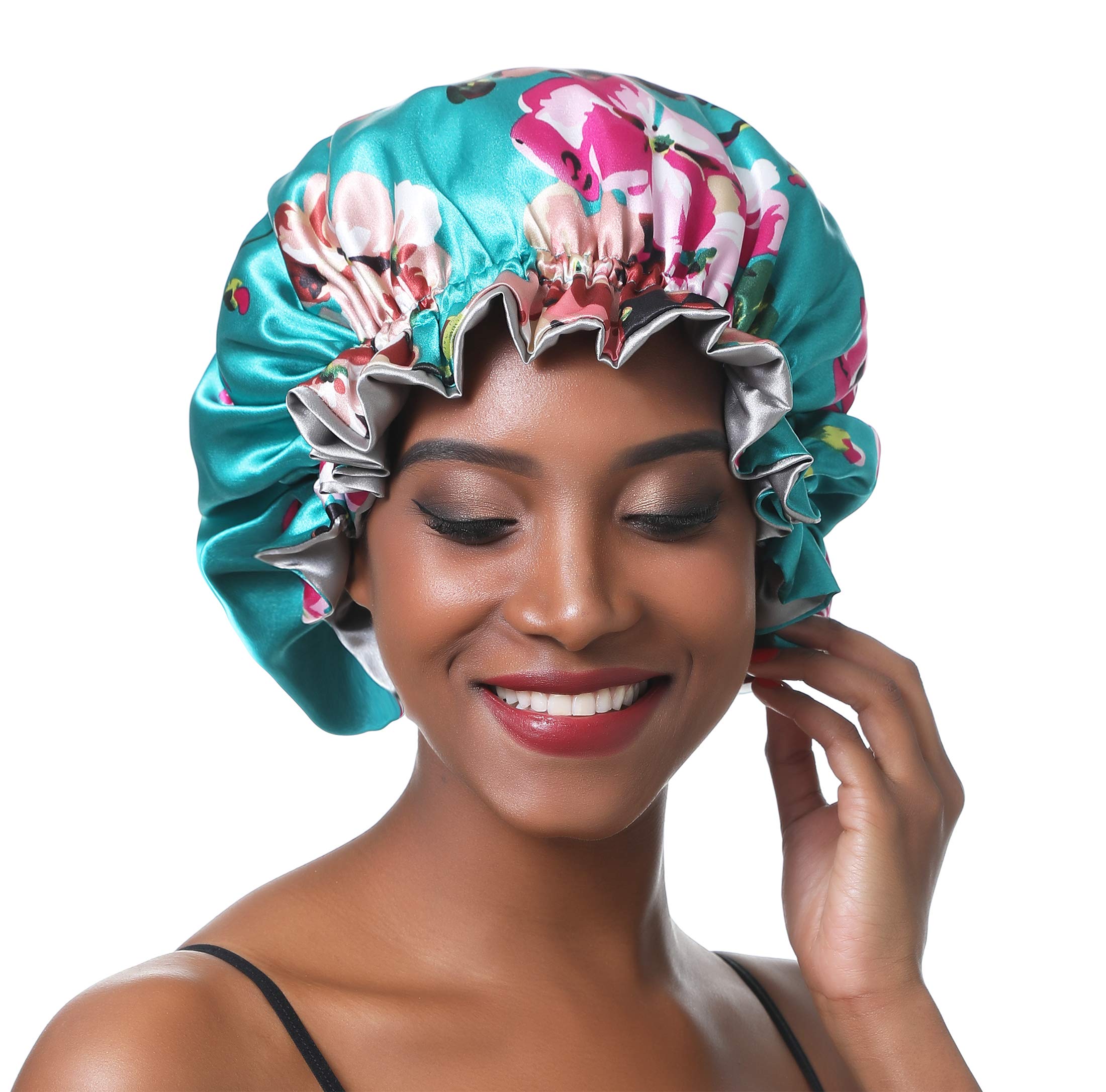 SENGTERM Gorro de dormir de seda para mujer, ajustable, doble capa, para el cuidado del cabello, gorro de noche, gorro para cabello rizado, largo (XL, flor verde)