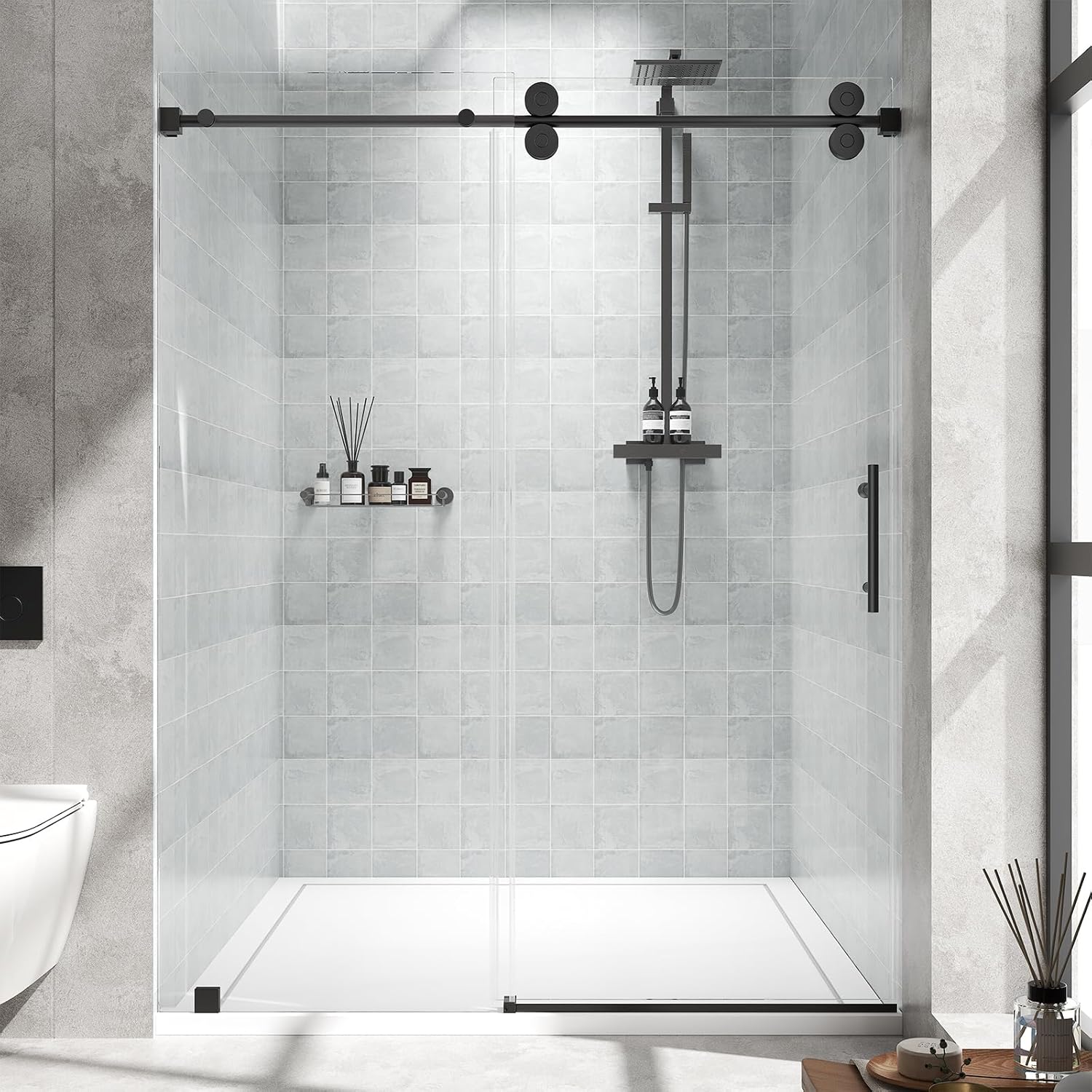 Frameless Sliding Shower Door 44–48 in W x 76 in H, 8mm Clear Tempered Glass Shower Doors Glass Sliding 48 Inches, Double Nano Coating, Stainless Steel Hardware, Silent Smooth Rollers, Matte Black