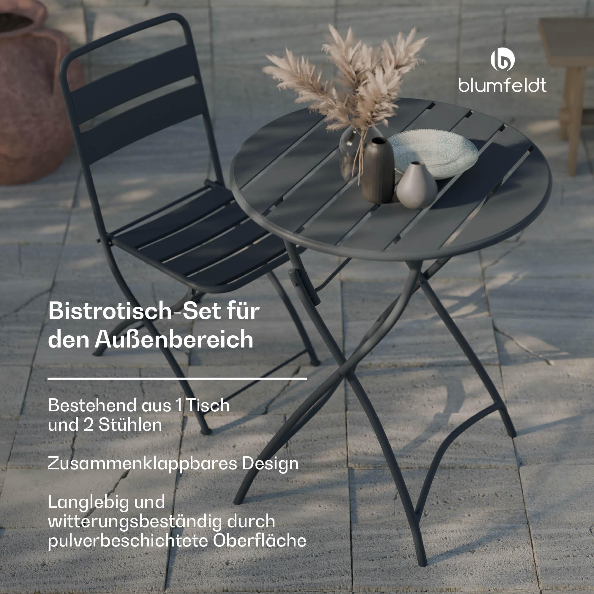 blumfeldt Bistrotisch Mit Stühlen – 60 cm Rund Klappbar, Wetterfester Stahl, Outdoor-Set, Platzsparend, Ideal Für Garten, Balkon, Terrasse, Modernes Design, 2 Stühle Inklusive