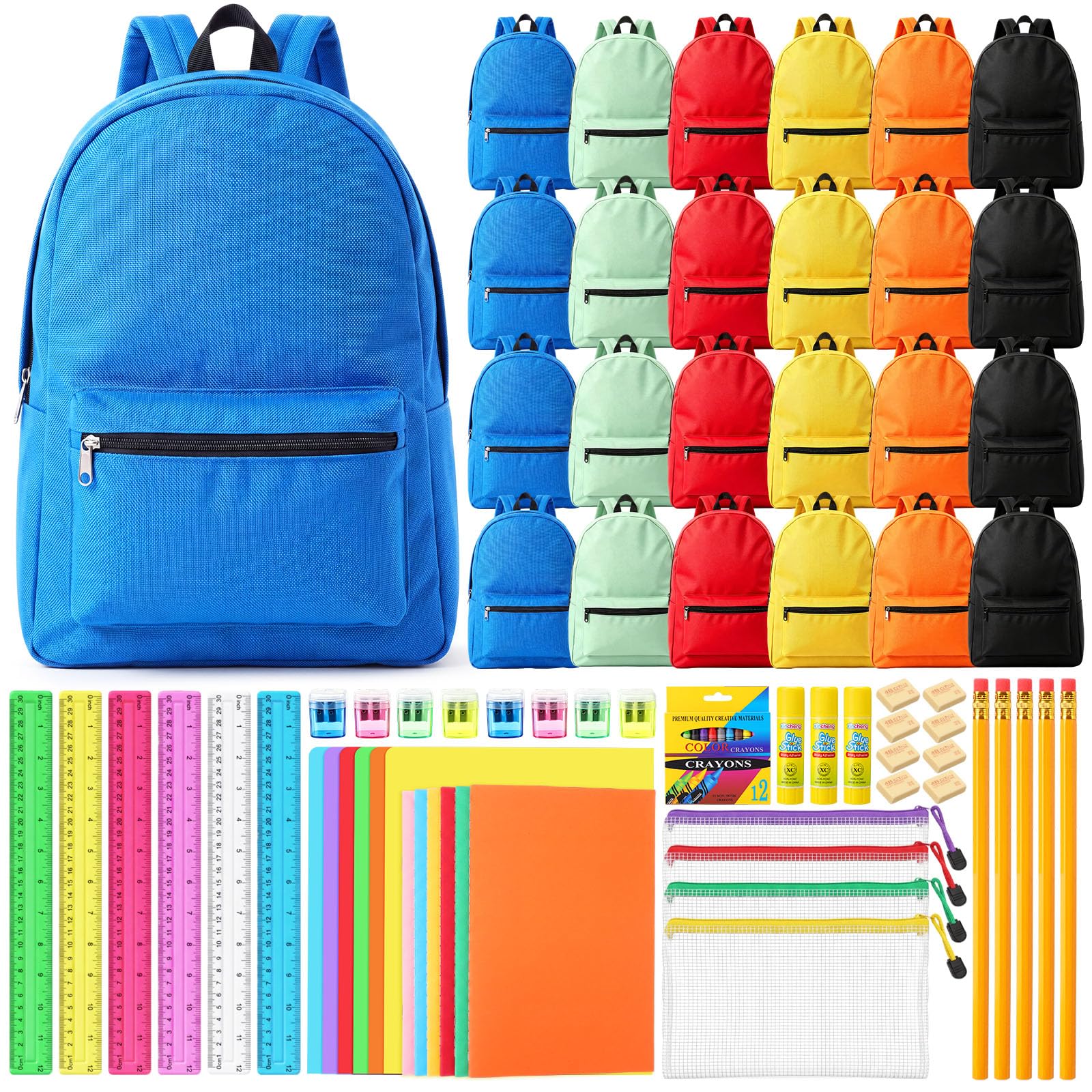 Affrolling Lot de 24 sacs à dos avec kit de fournitures scolaires de 264 pièces, y compris des cahiers, des dossiers, des bâtons de colle et plus encore pour l'université (classique)