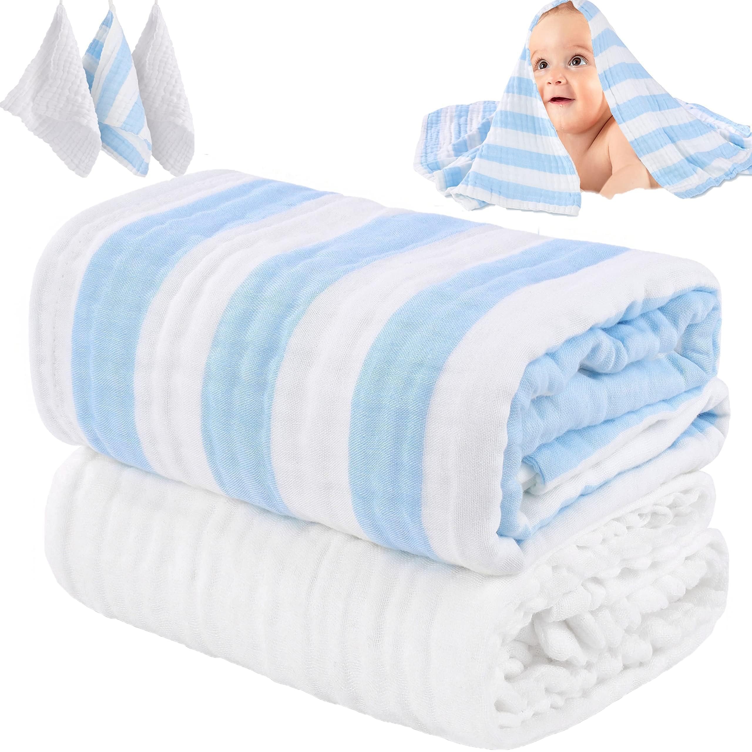 HardNok Muslin Baby Bath Towel Set - 100% Organic Cotton 5-Piece Set (2 Large Towels & 3 Washcloths), 6 Layer Absorbent Gauze, Perfect Newborn (Blue