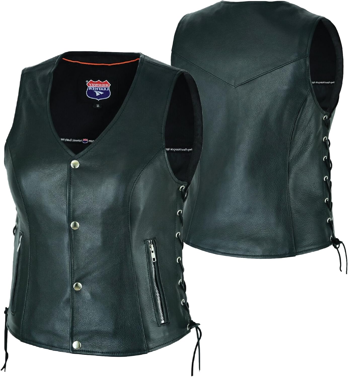 Women's Motorcycle Leather Vest with Side Lace & Zipper Pockets, Plus Extra Storage
