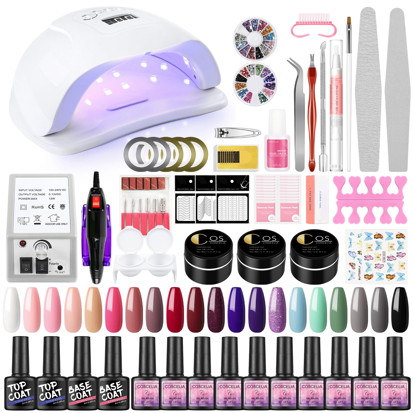 COSCELIA 20pcs Kit Completo Esmalte de Uñas de Gel SemiPermanente 80W UV/LED Lámpara Poly Extensión Gel 12W Lijadora Almohadilla Removedora