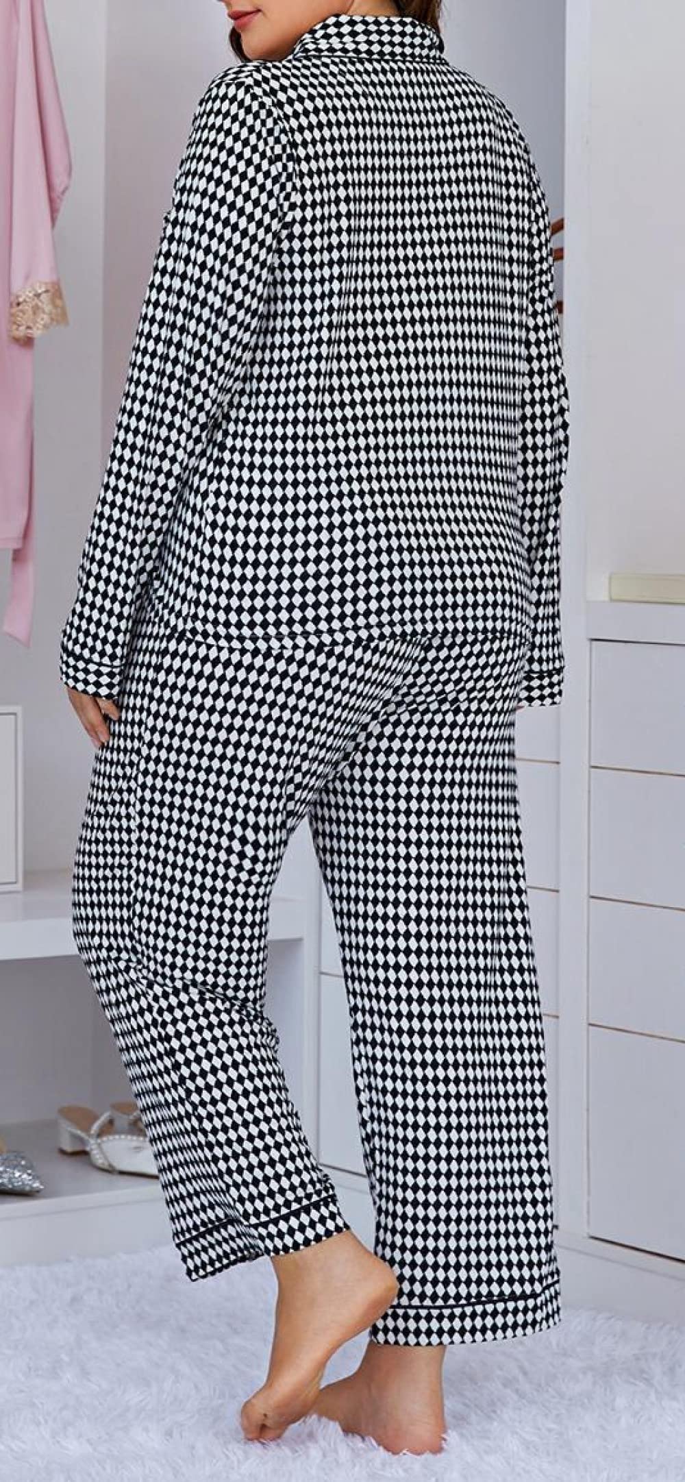 Ensembles De Pyjama Femme,Ensemble De Vêtements De Nuit À Manches Longues en Polyester À Treillis De Grande Taille pour Femme Pyjama Deux Pièces Doux Classique Décontracté Cadeau De Détente P