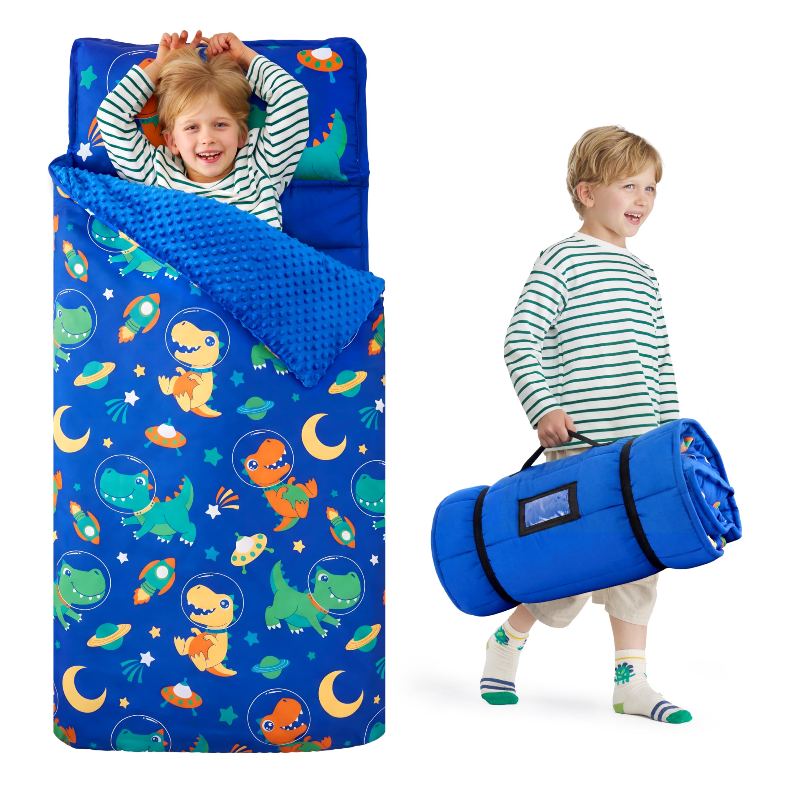 Toddler Sleeping Bag for Kids 55''x30'' Nap Mat with Removable Pillow and Minky Blanket for Toddler Ages 3-7 Roll Up Soft Kids Sleeping Bag for Boys Girls Kindergarten Daycare Sleepover