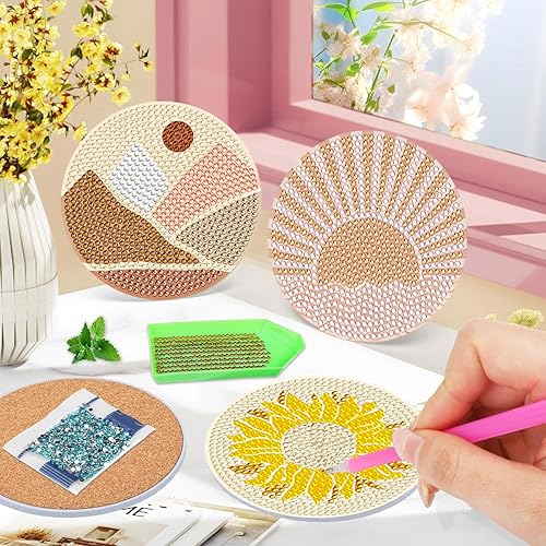 Miniatura 5 de DOTSOPS Juego de 6 piezas de arte de diamantes para adultos, posavasos de arte de diamantes con soporte para adultos principiantes, manualidades