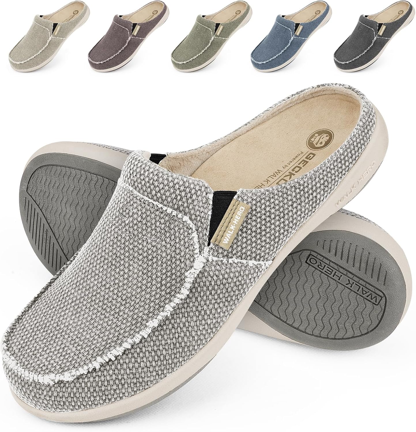 Mens Slippers with Arch Support, Canvas House Slipper for Men with Velvet Lining, Slip On Clog, Indoor Outdoor House Shoes with Anti-Skid Rubber Sole