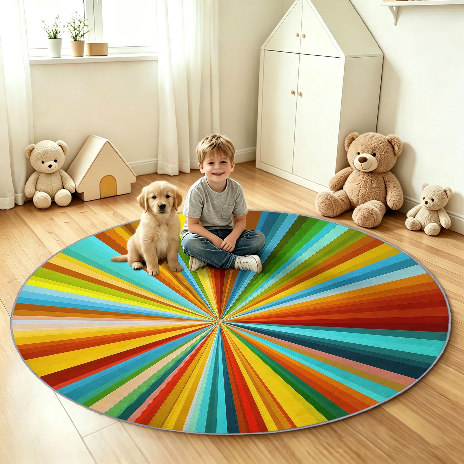 Tapis Chambre Enfant Fille Garçon Rond Ø 160 cm Géométrie Arc‑En‑Ciel Tapis de Sol Décoration Antidérapant - Doux Rampant pour Salon Cuisine Table Basse Table de chevet, Ligne Radiale Solaire