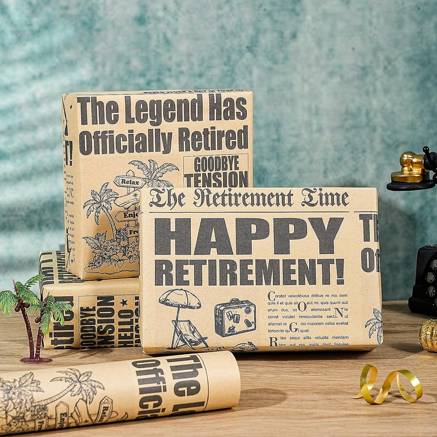 RUSPEPA Kraft Vintage Newspaper Retirement Wrapping Paper Roll, Mini Roll, Retro HAPPY RETIREMENT Headline Gift Wrap for Retiree Celebration, Farewell Party, Coworker Gifts, 17 Inches x 16.4 Feet image 3