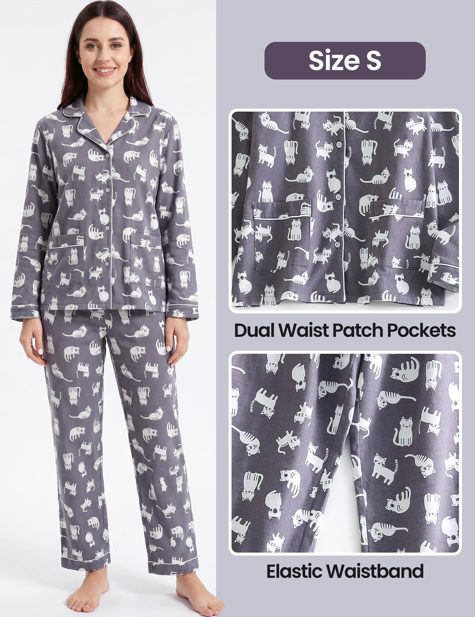 CHUNG Ensemble de pyjama en coton brossé à manches longues et pantalon boutonné en flanelle pour femme, vêtements de nuit confortables et chauds, grande taille