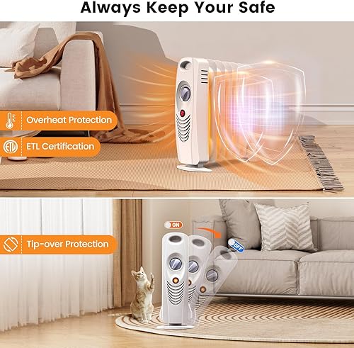 Miniatura 6 de Happygrill Calentador de radiador lleno de aceite de 700 W, calentador de espacio portátil con termostato ajustable, protección contra