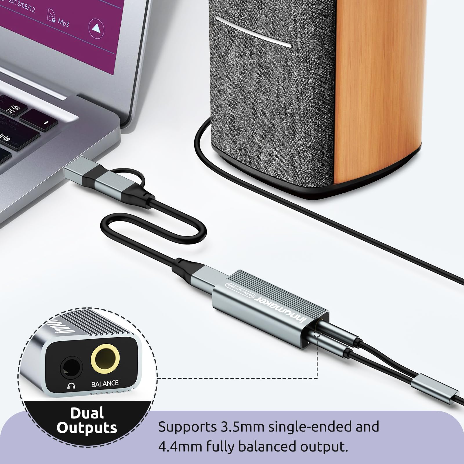 InnoMaker Scheda audio USB HiFi portatile/Amplificatore per cuffie/Amplificatori USB HiFi da tavolo con doppia uscita da 4,4 mm/3,5 mm, PCM 384 kHz/DSD256 per dispositivi Android, Linux e Windows