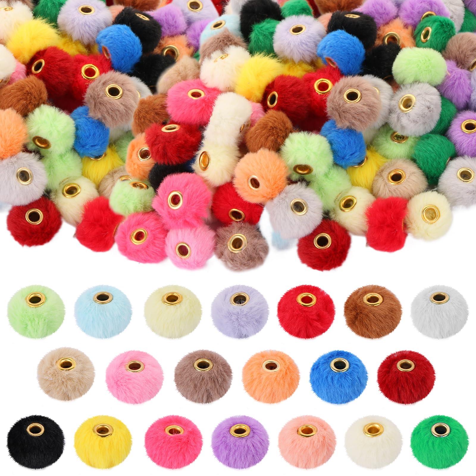 BENOSPACE 100 Mixed Color Pom Poms Beads, Soft Faux Fur, 0.5cm Holes, Round Shape, Loose Beads, Craft Bead