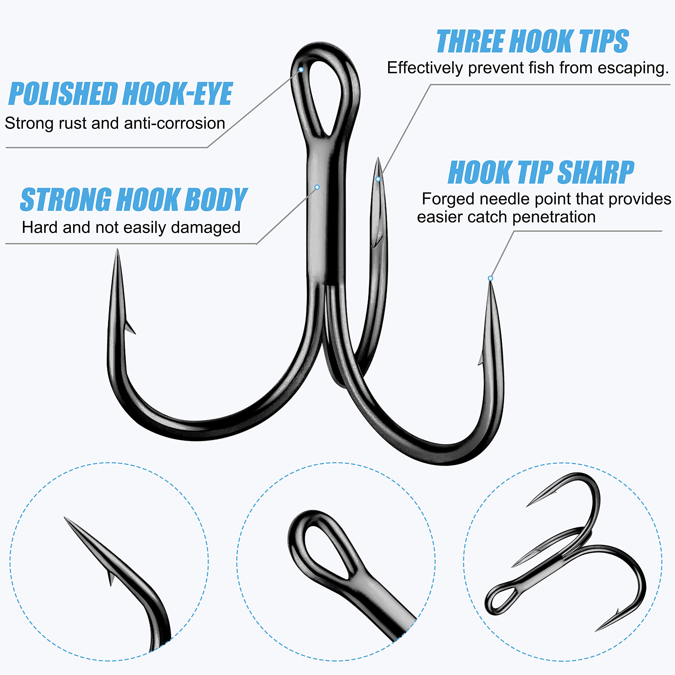 Treble Fishing Hooks,Super Sharp Solid Triple Barbed Fish Hook Strong Wide Gap High Carbon Steel Barbed Hook for Fishing Lures Baits Freshwater Saltwater (Black 6# 110pcs)