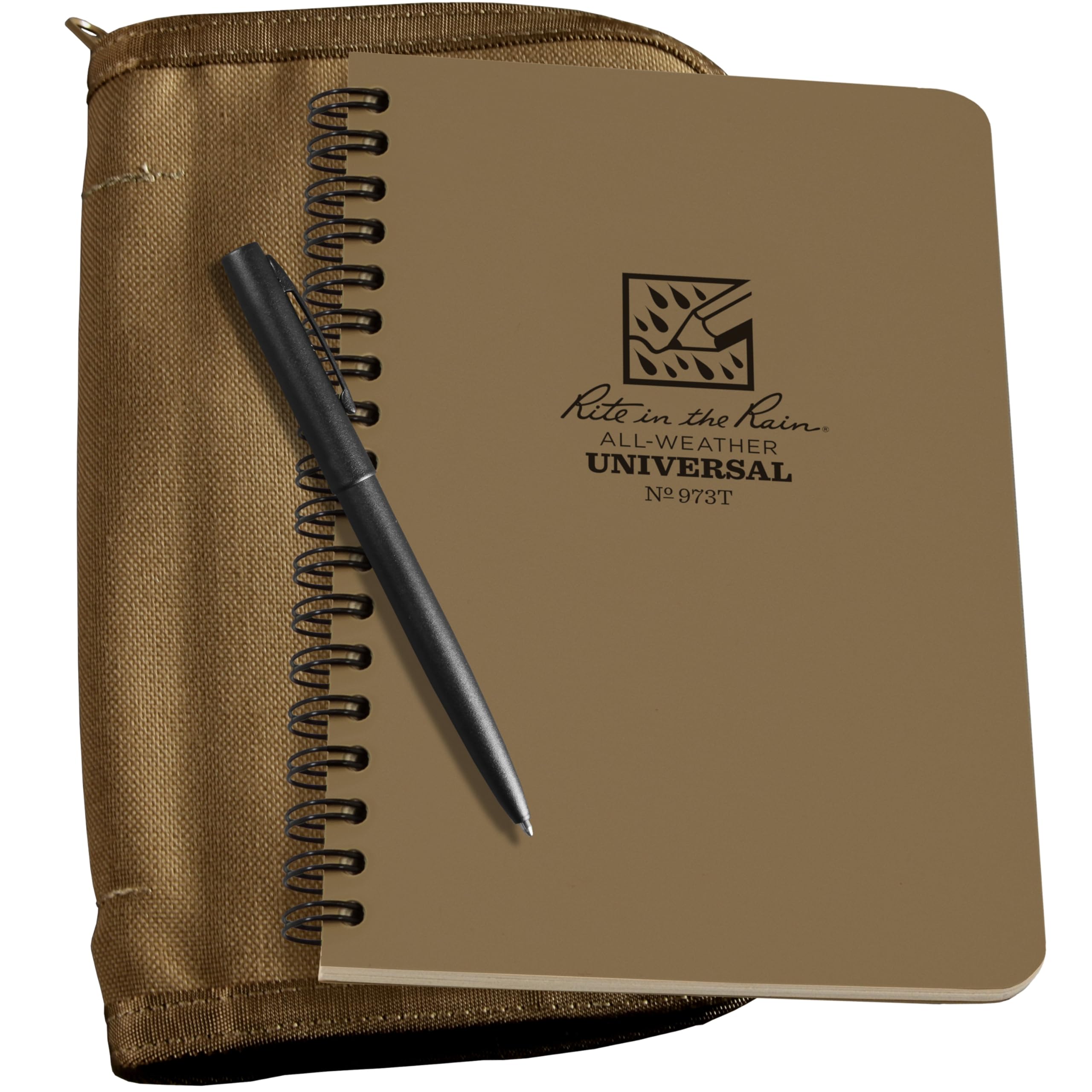 Rite in the Rain Weatherproof Side Spiral Kit: Tan Cordura® Fabric Cover, 4.625" x 7" Tan Notebook, and Weatherproof Pen (No. 973T-KIT)