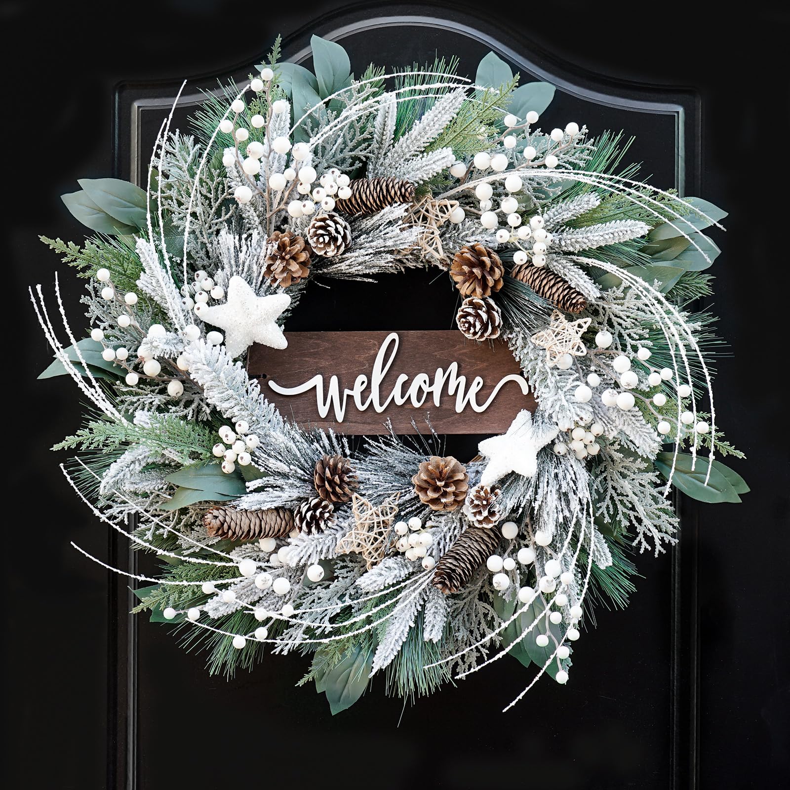 24 Inch Winter Wreaths for Front Door Outside- Pinkpuii Artificial Outdoor Christmas Wreath with Pinecones,White Berries and Welcome Sign,Xmas Holiday