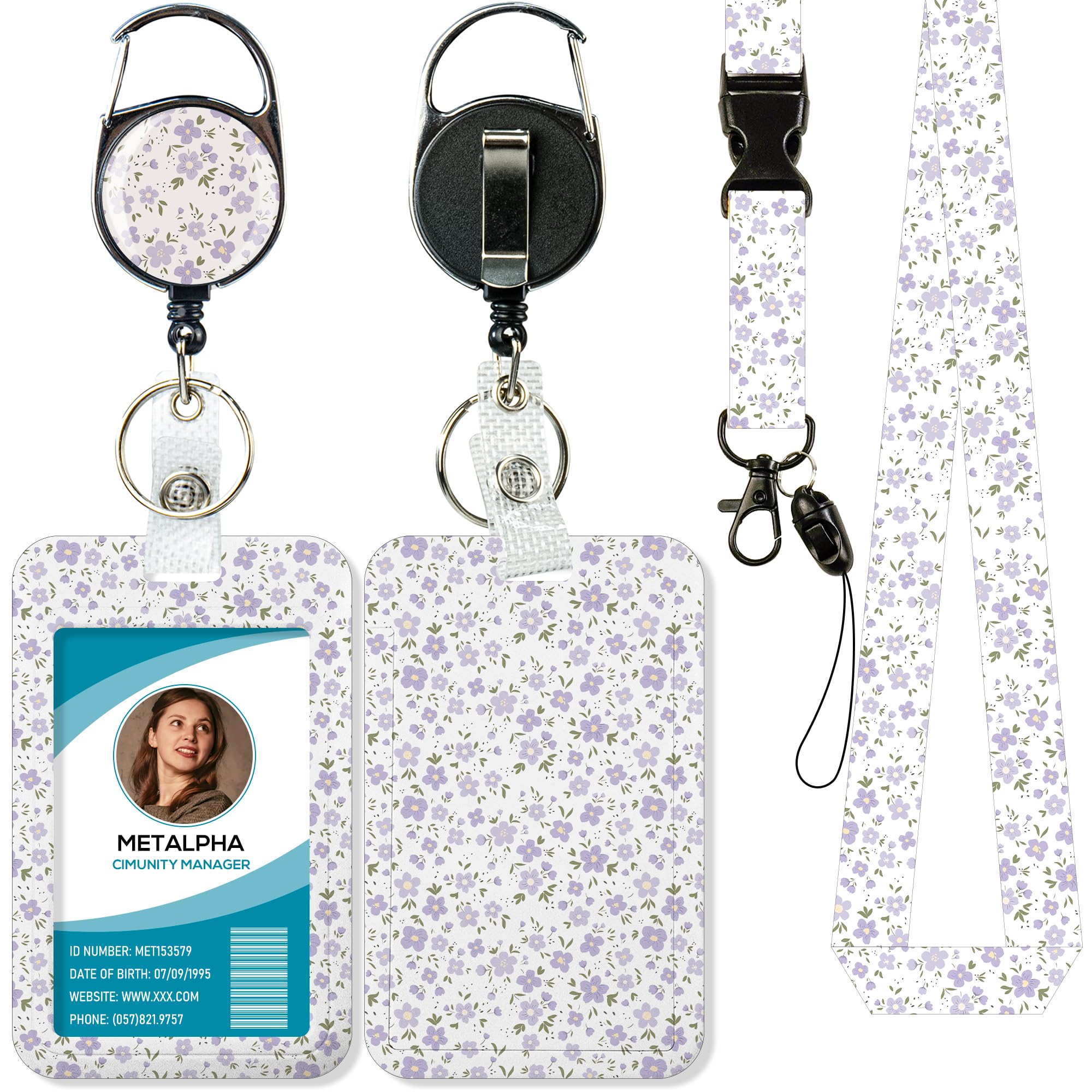 METALPHA Lanyards for ID Badges, Cute Floral Badge Holder with Retractable Reel Clip, Flowers Lanyard with ID Holder, ID Card Holder with Breakaway