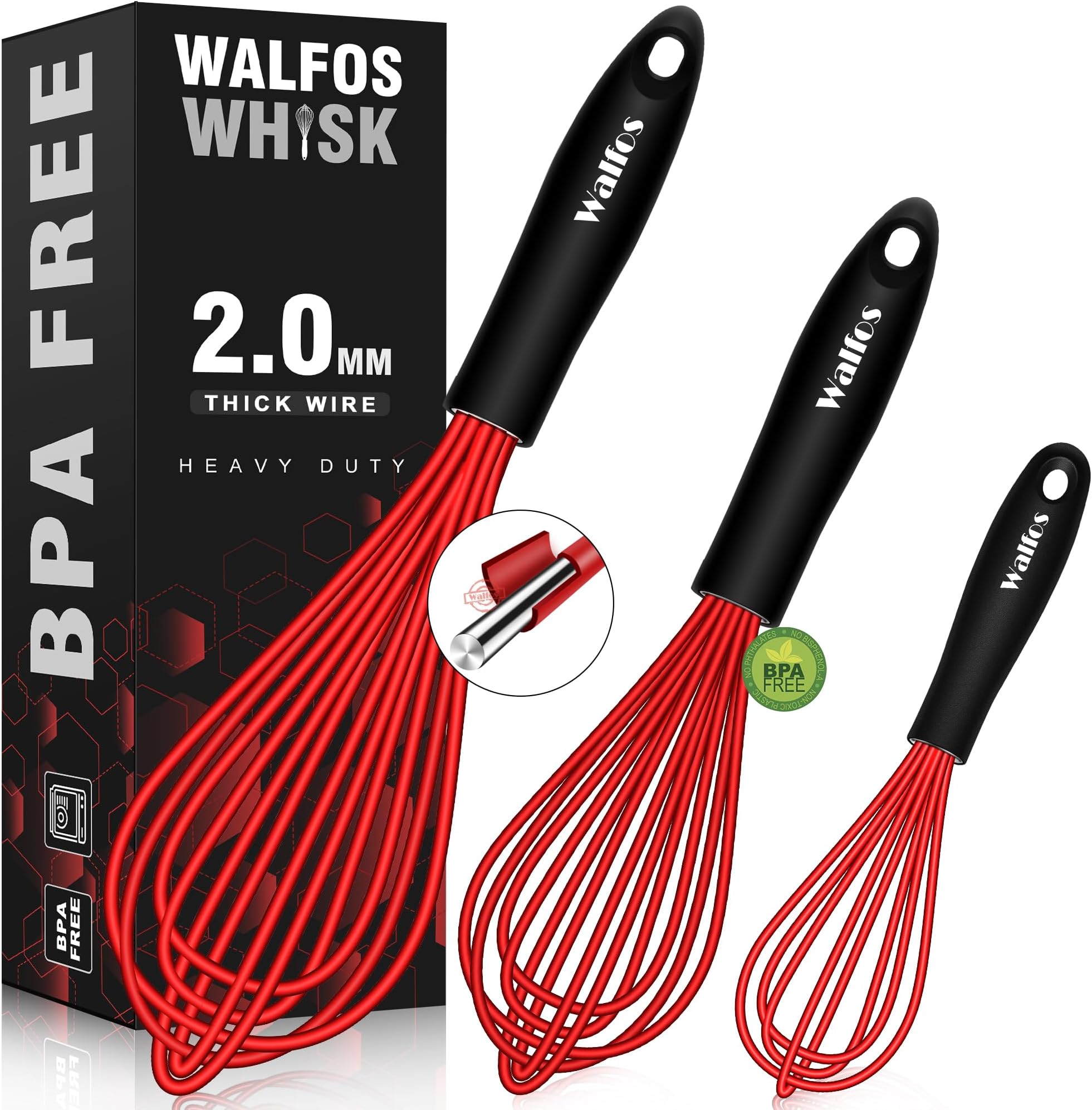 Whisk,Silicone Whisks- Heat Resistant(480°F) Silicone Whisks for Cooking Non Scratch,BPA free and Dishwasher Safe.Perfect for Blending,Whisking,Beating, Set of 3(Red)