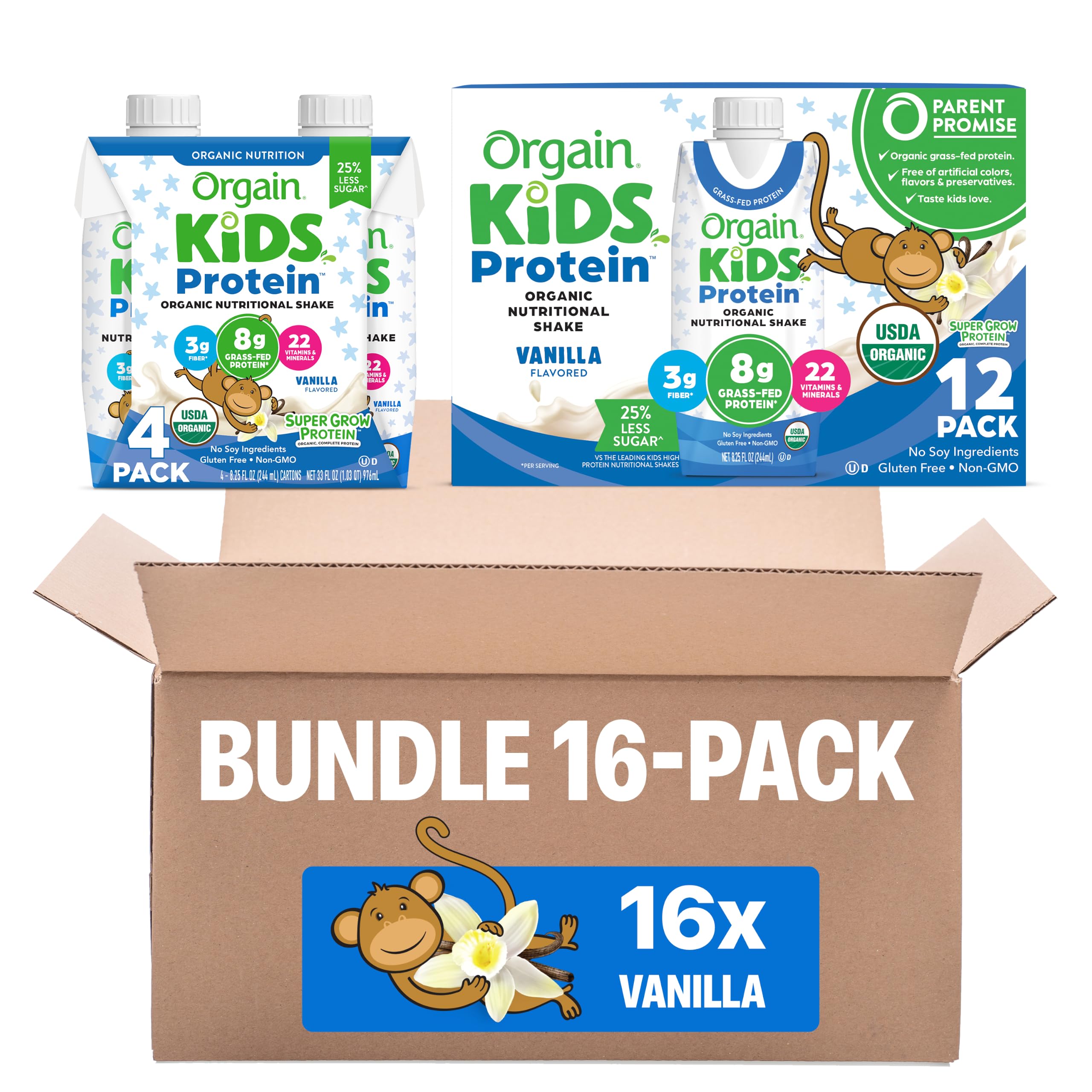 Orgain Organic Kids Nutritional Dairy Protein Shakes Bundle, Vanilla, 8g Protein, 3g Fiber, 22 Vitamins & Minerals, No Soy Ingredients, Gluten Free, Non‑GMO, 8.