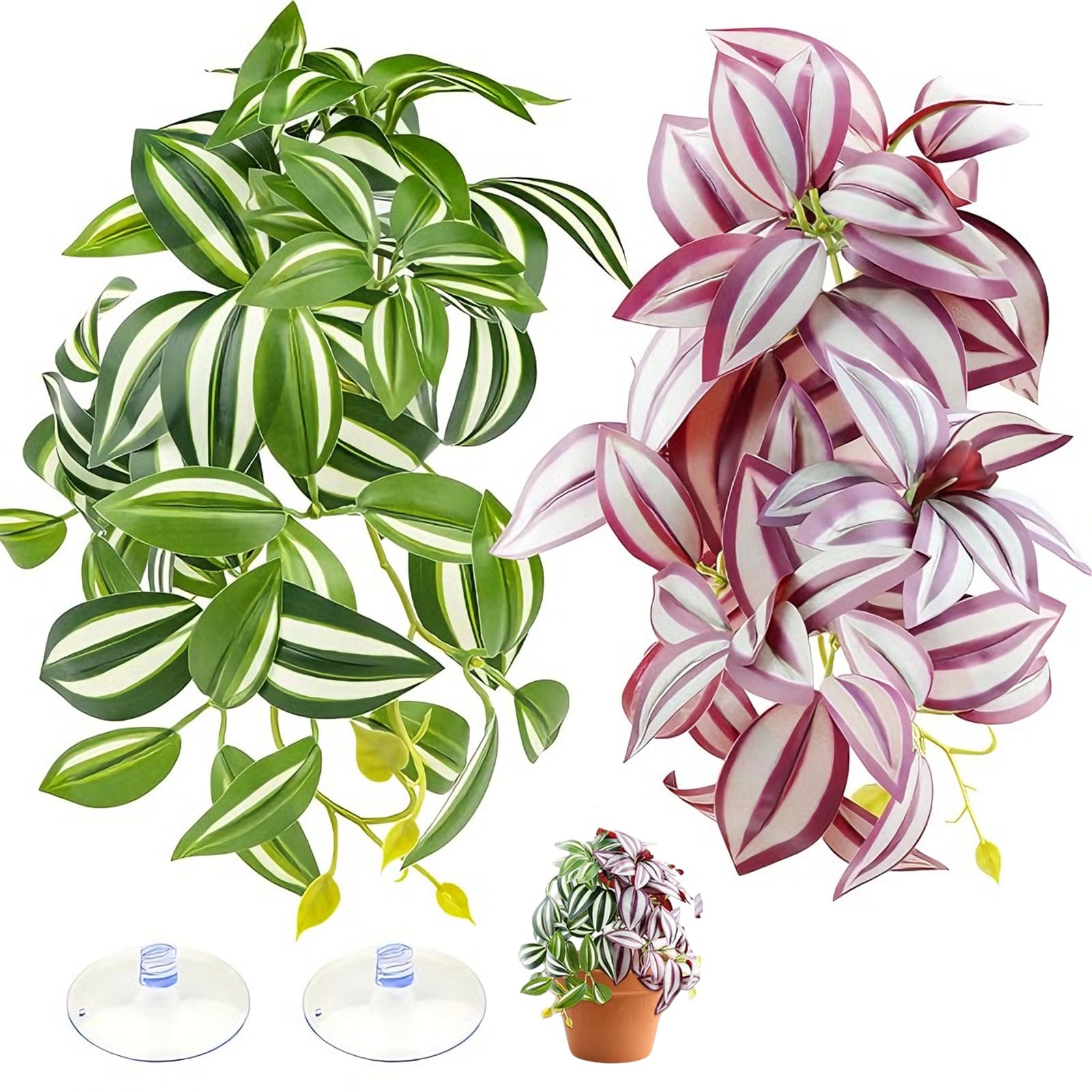 Wihozte 2Pcs Reptile Plants for Terrarium, vivarium decoration with Suction Cup, Reptile Hanging Plants, Artificial Plants for Bearded Dragons Lizards Snake Geckos Frogs - Red and Green