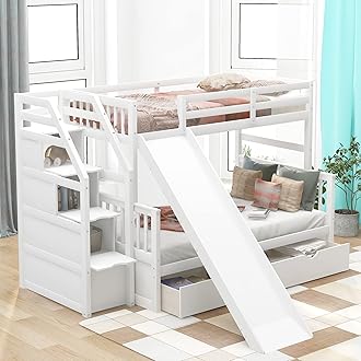 SOFTSEA Twin Over Full Bunk Bed with Staircase and Slide Storage Solid Wood Bunk Beds with Storage Drawers for Kids, No Box Spring Needed