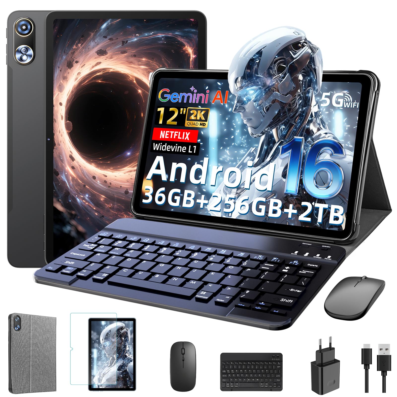Raemond Tablet da 12 Pollici con tastiera｜ Android 16 con Gemini AI｜ 36GB RAM + 256GB ROM (2TB TF)｜2000 * 1200 Pantalla HD display 90Hz｜Octa-core Unisoc T7250｜ 8MP+20MP｜Face ID｜Widevine L1 (Grigio)