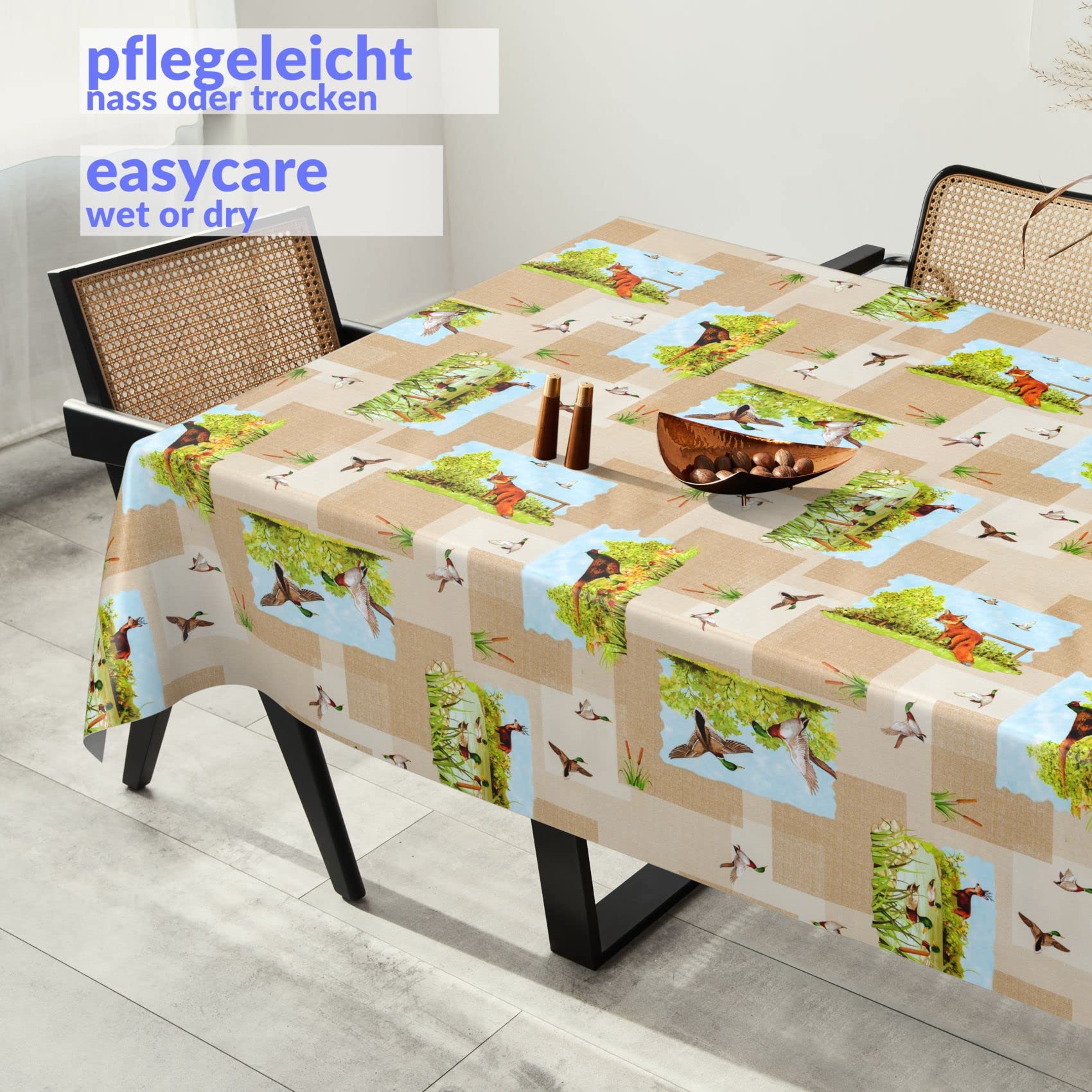 ANRO Nappe en toile cirée - Lavable - Pour table de jardin - Motif chasse - Impression photo - 240 x 140 cm - Bord coupé