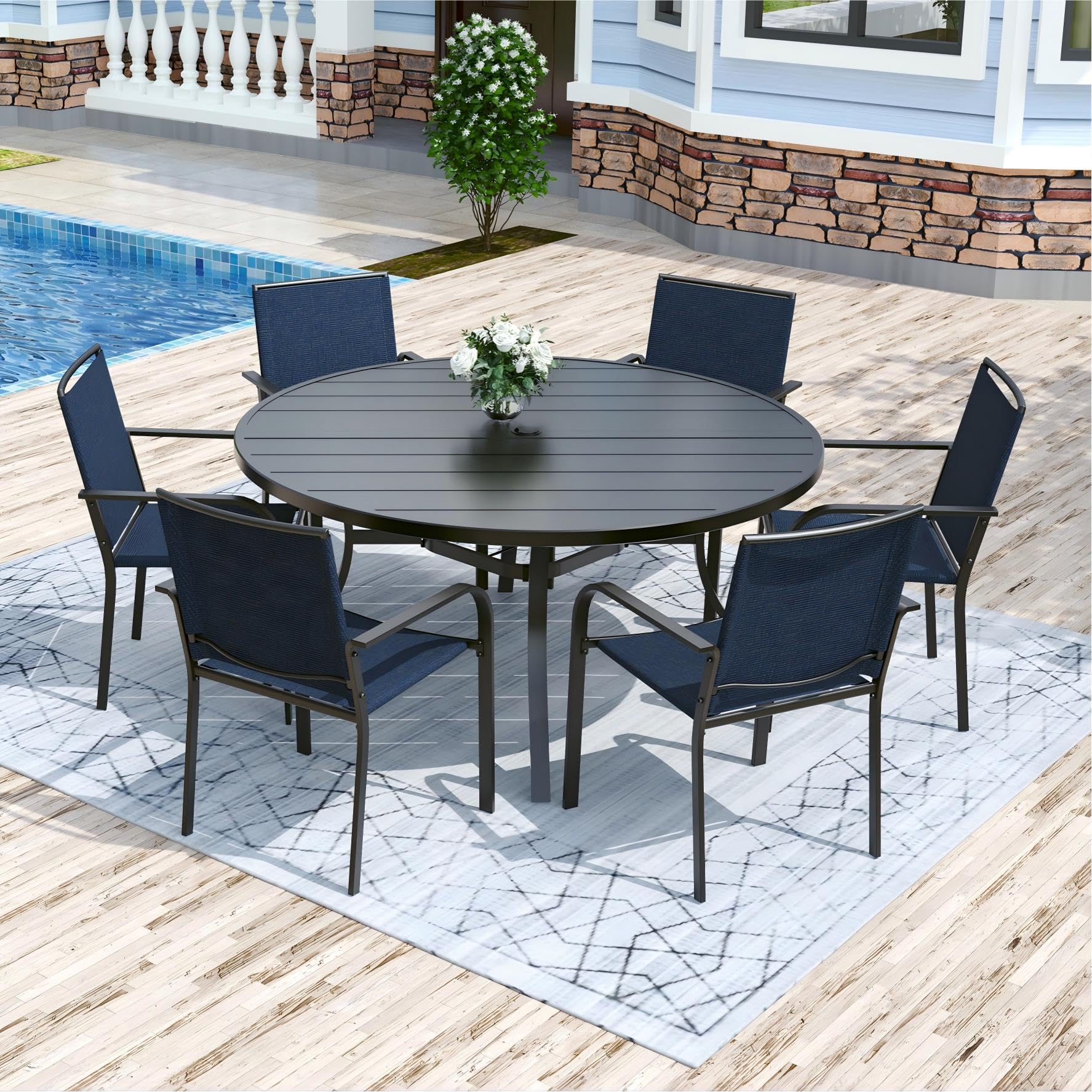 Anmutig 7 Piece Patio Dining Set 54 Inch Round Table Stackable Chairs Blue