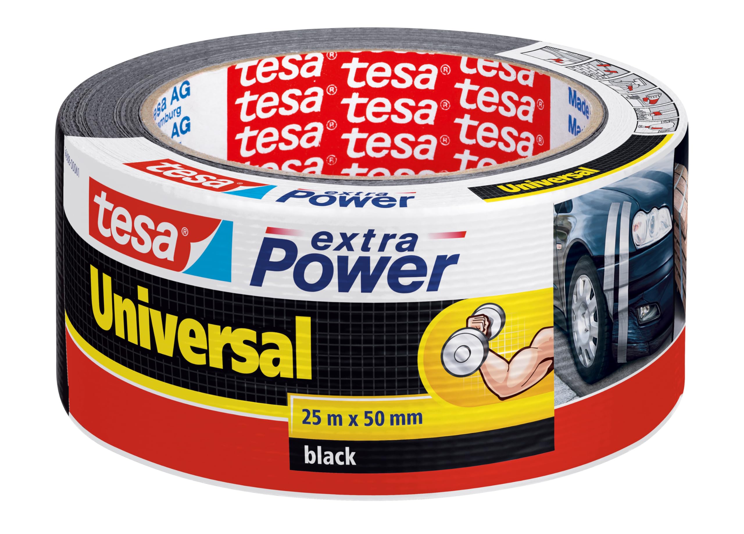 tesa extra Power Universal - Fabric-Reinforced Duct Tape for Repairing, Fastening, Bundling, Reinforcing or Sealing - Black - 25 m x 50 mm