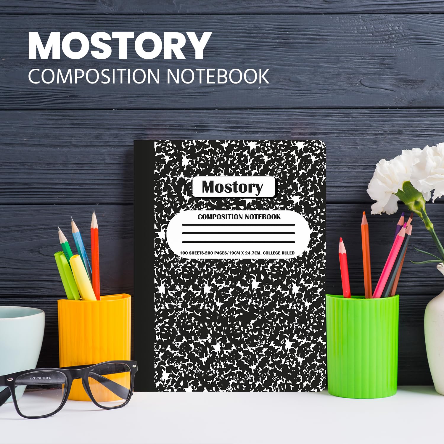 MOSTORY Quaderno per composizione scolastica, 200 pagine (100 fogli), dimensioni 19,1 x 24,8 cm, materiale scolastico, ufficio, blocchi per scuola, quaderni per la scuola, quaderni con carta a righe