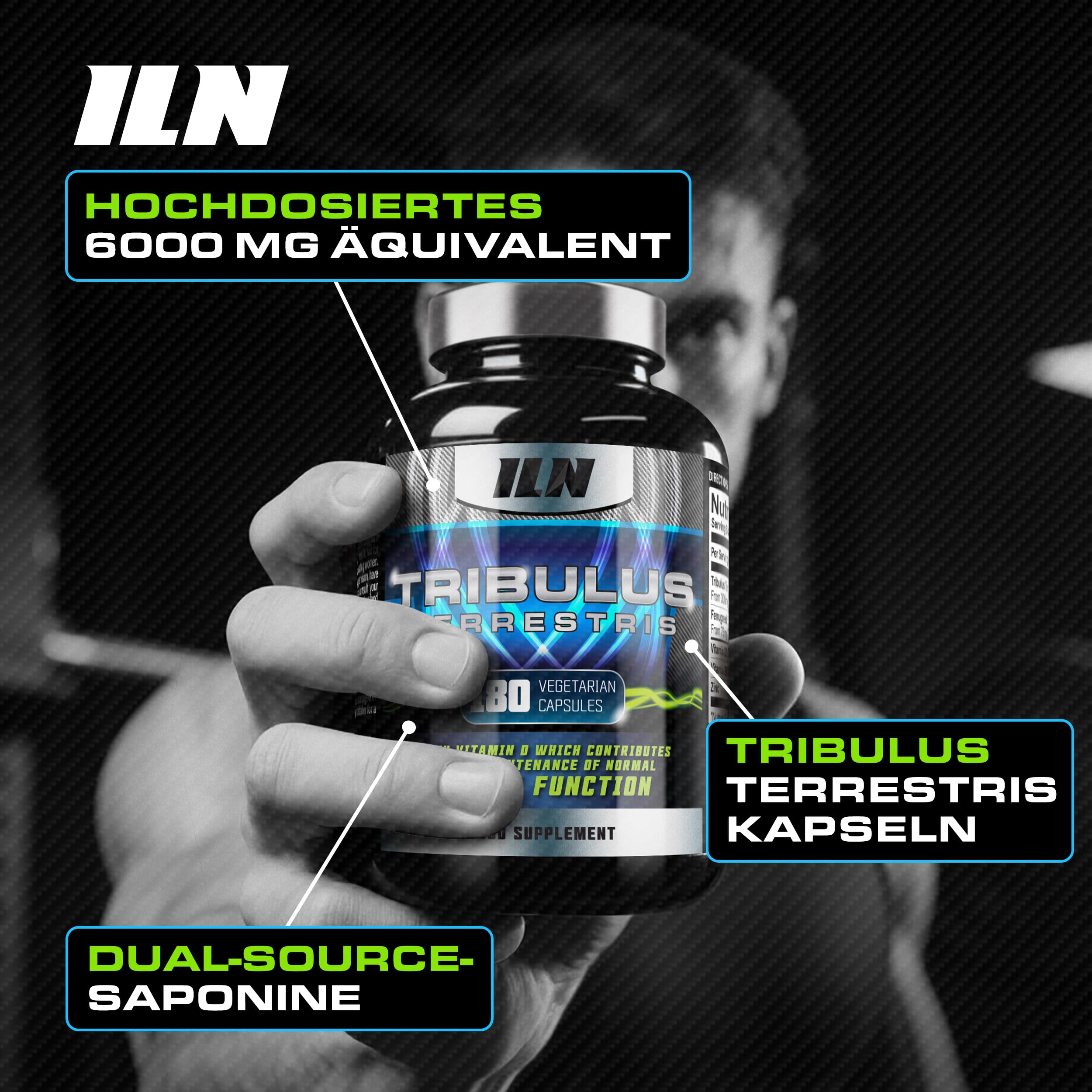 ILN Tribulus Terrestris hochdosiert 6000 mg Äquivalent - 98% Saponine - Kapseln für Männer und Frauen - 180 vegetarische Kapseln