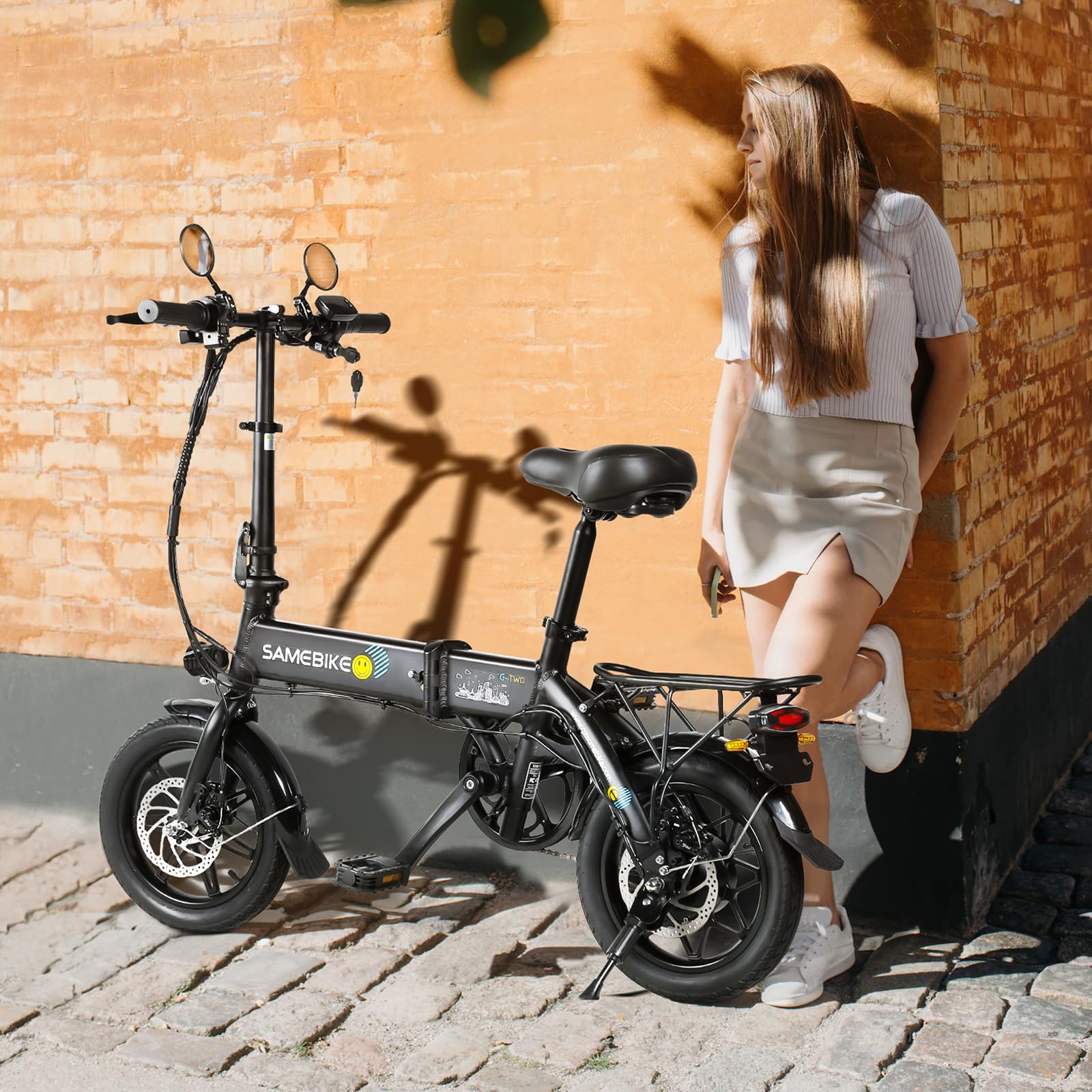 SAMEBIKE Bici Elettrica 14", Batteria al Litio 36V 7.8AH, Autonomia 60KM, E-bike Piegevole con Display LCD, Doppi Freni a Disco, Motore 250W per Pendolari Urbani, Leggera e Portatile