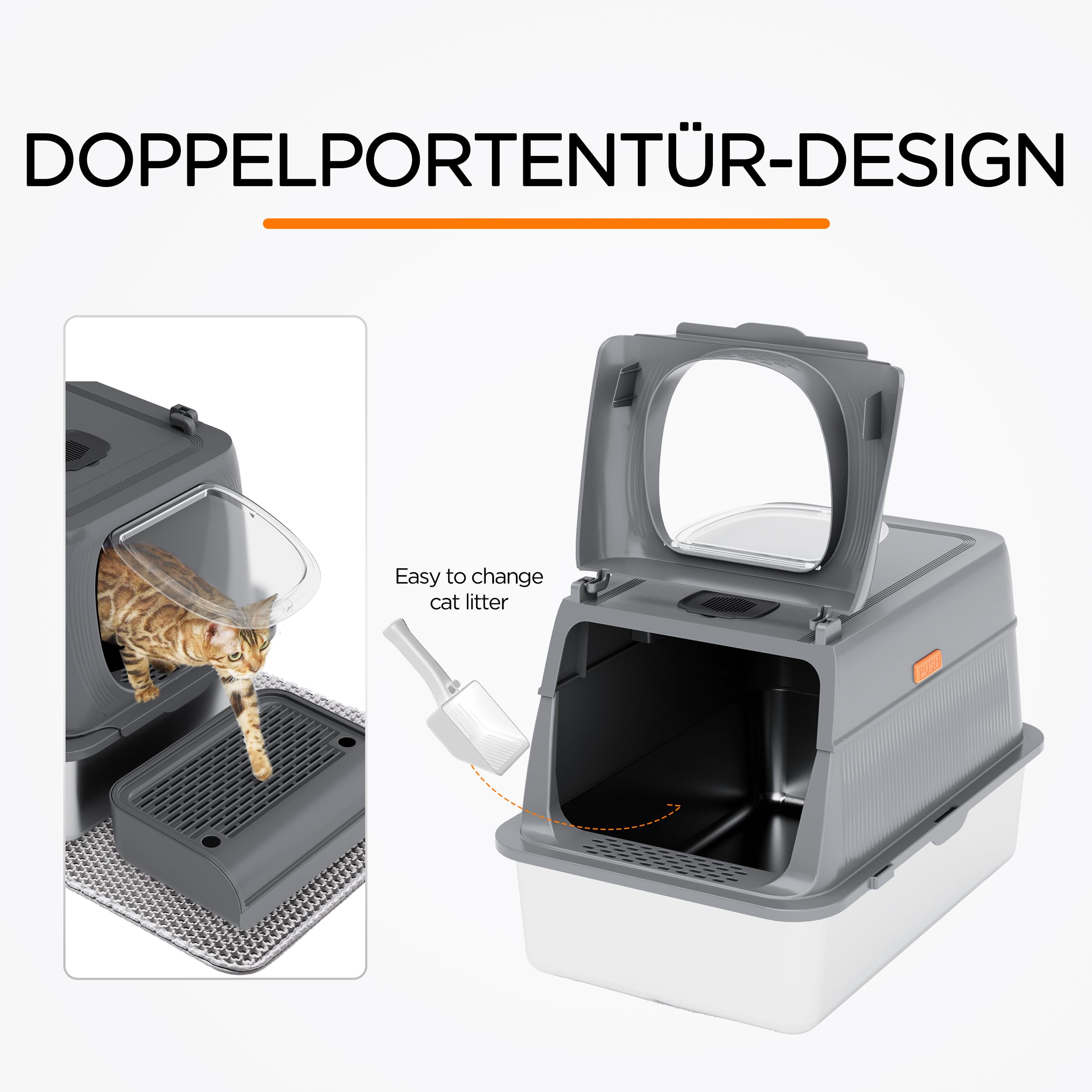 Litière Chat Fermée XL - Acier Inox - Avec Filtre à Charbon - Pelle Et Tapis Inclus - Facile à Nettoyer