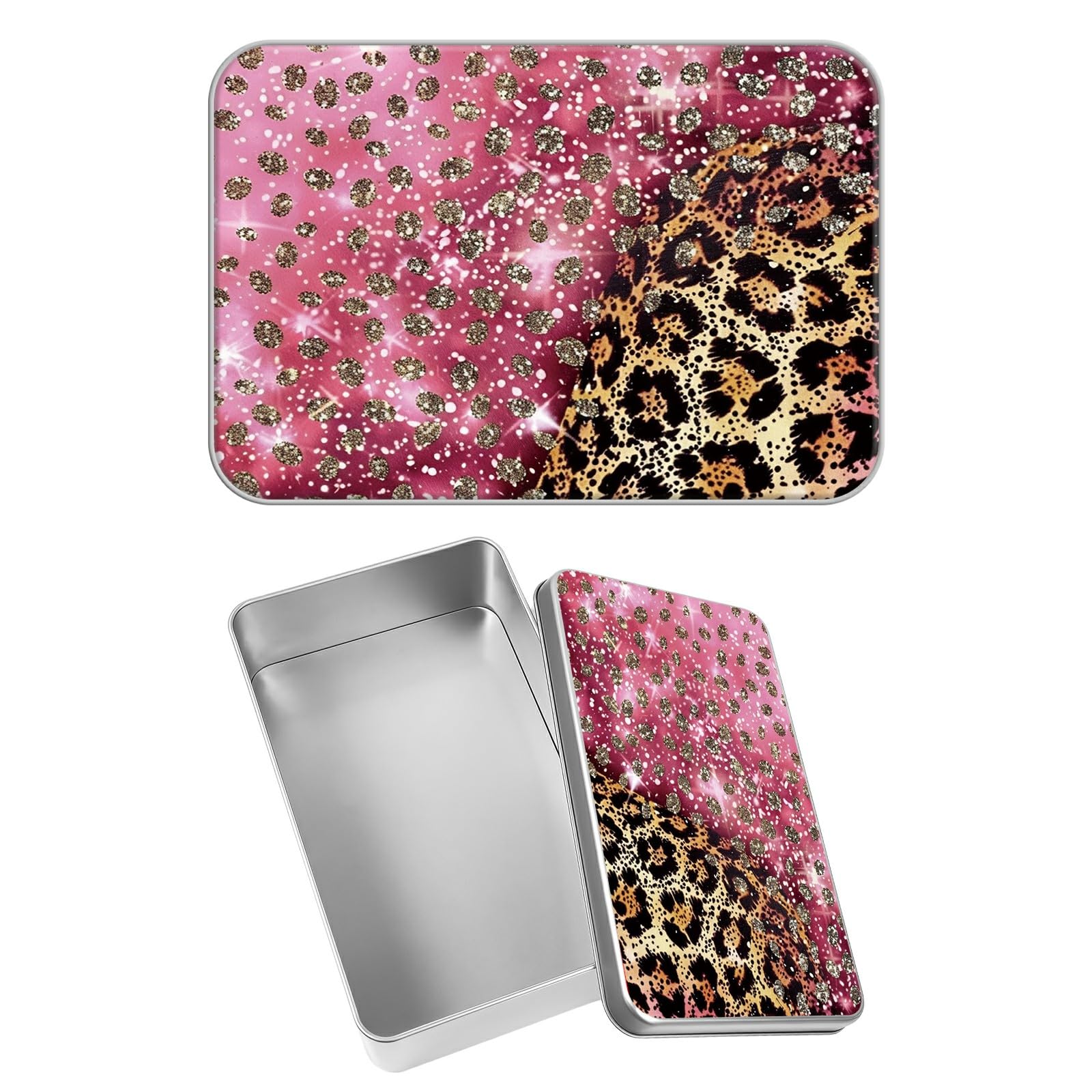 Rectangular Metal Tin Box with Removable Lid, Pink Glitter Decorative Printed Metal Storage Container for Sweets Jewelry Tea Candies Cakes 7 x 4.33 x 2.17 inch– Single Pack