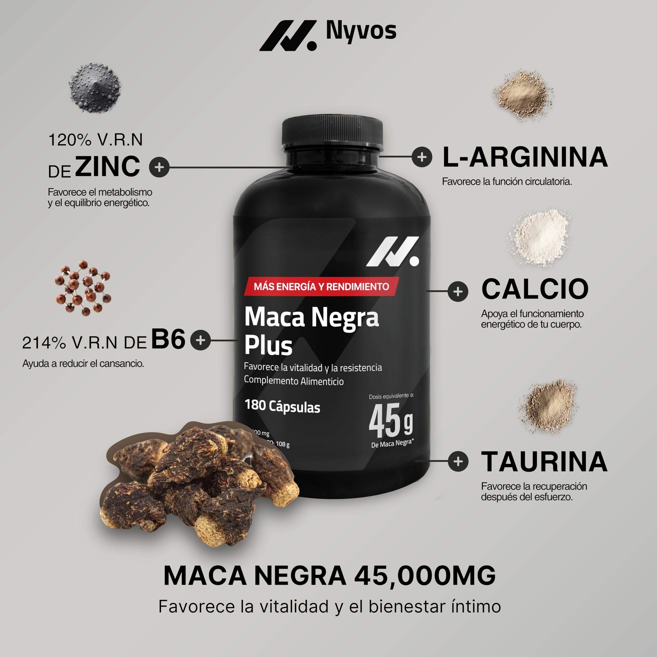Maca Negra Alta Dosis – 45.000 mg Equivalente (Extracto 100:1) con Zinc, Calcio, Vitamina B6, L-Arginina y Taurina – 180 Cápsulas Veganas de Maca – Sin Cafeína, Sin Gluten ni Lactosa, Vegano – Nyvos