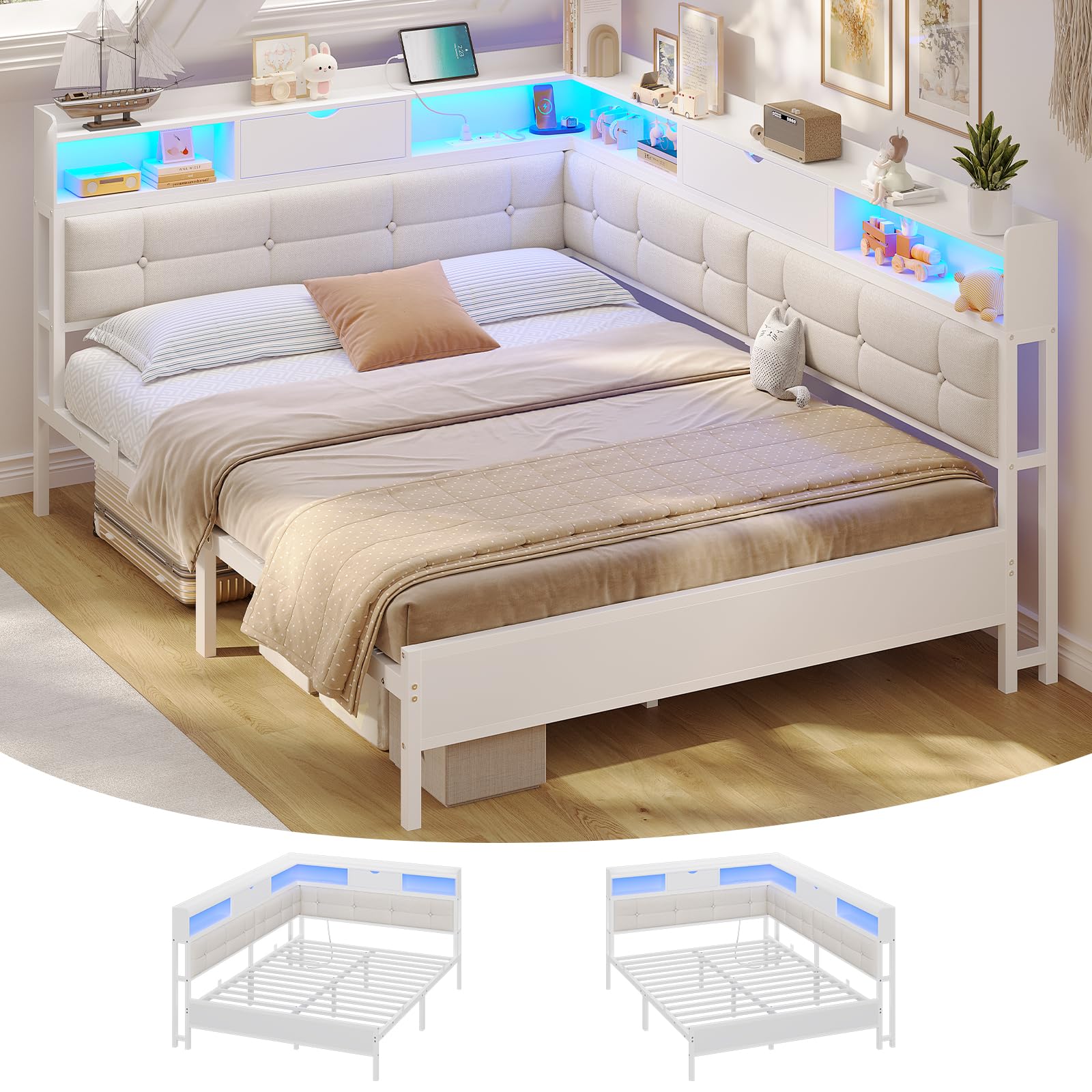 AOGLLATI Canapé-lit 140x190 avec Multiprise et Éclairage LED Réglable, Canapé-lit Convertible Capitonné avec 6 Compartiments et 24 cm d’Espace sous Lit (Beige, 140x190cm)