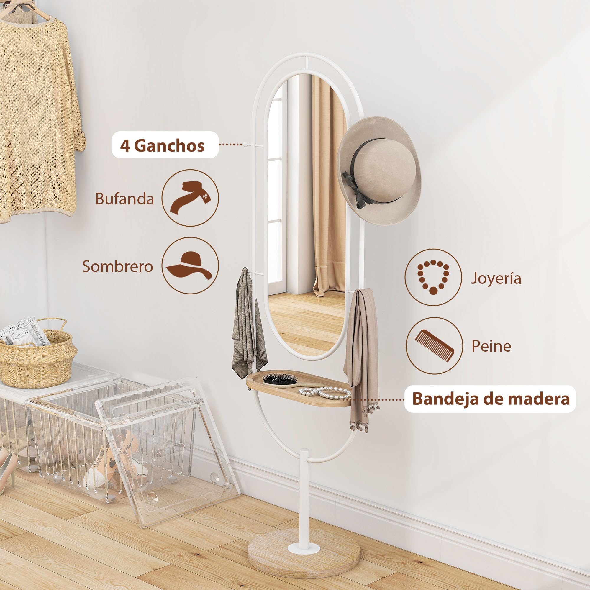 HOMCOM Espejo de Cuerpo Entero 175,5x50 cm con Bandeja de Madera y 4 Ganchos Espejo de Pie con Marco de Metal para Dormitorio Salón Blanco
