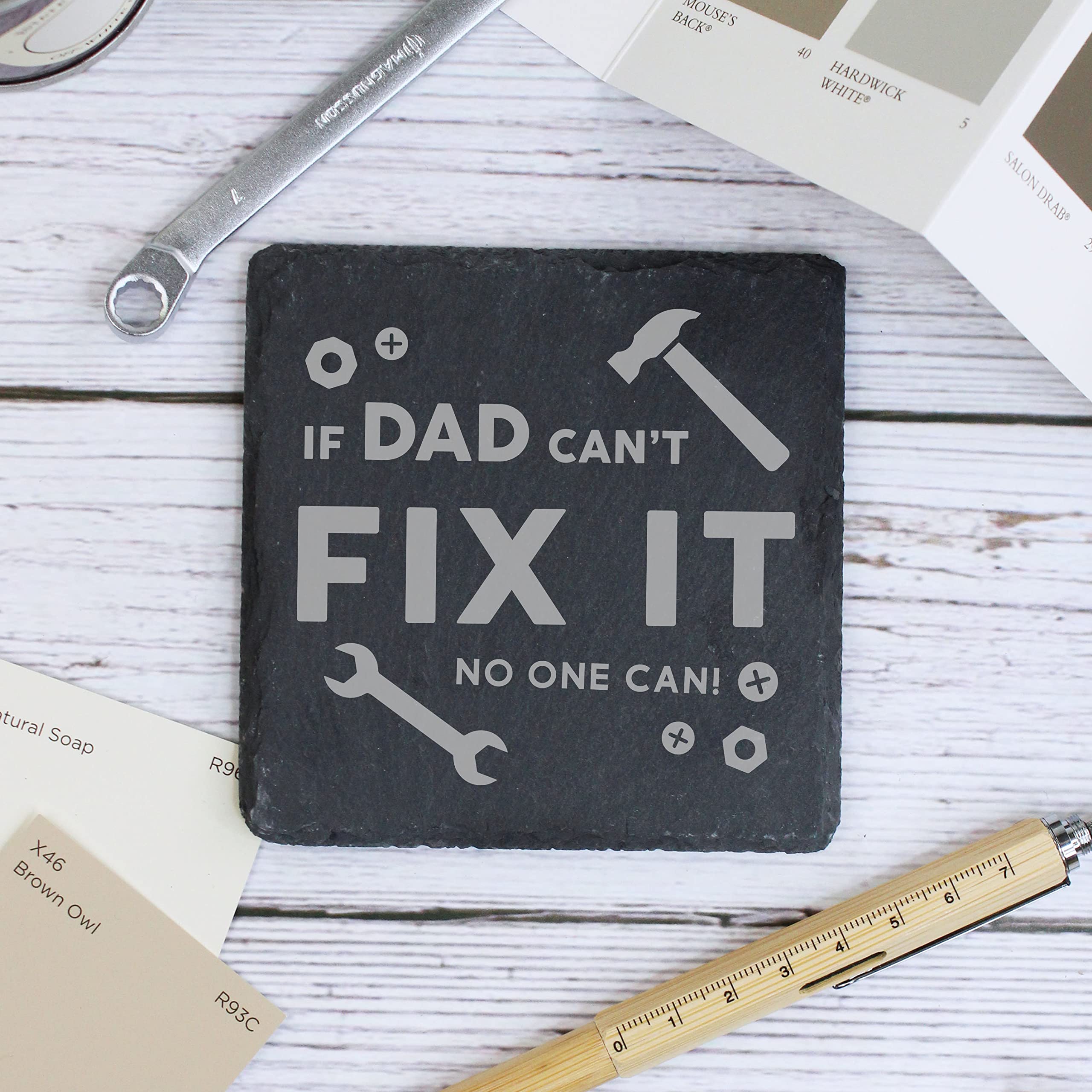 eBuyGB Square Slate Coaster, Engraved "If Dad Can't Fix It No One Can" Coaster, Drinks Mat, Funny Gifts for Dad from Daughter, Son (Design #1)