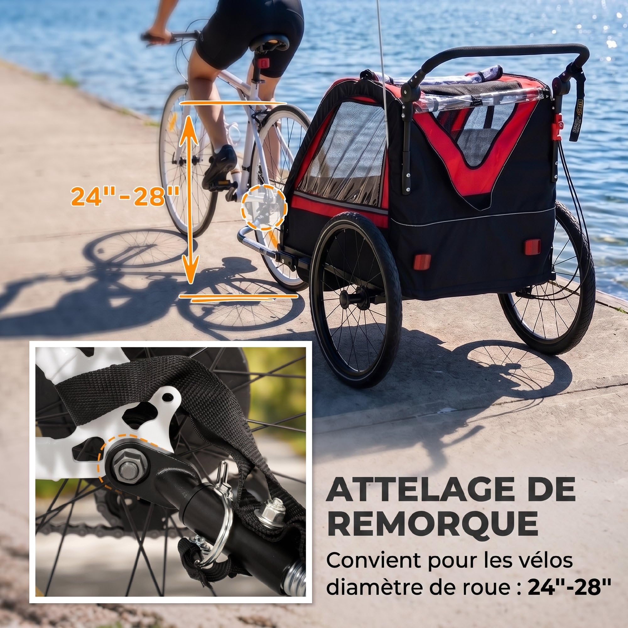 AIYAPLAY Remorque vélo Enfant 2 Places 2 en 1, Poussette vélo bébé avec Guidon réglable, Frein à Main, Ceinture de sécurité 5 Points, Fanion de sécurité, attelage Universel, jusqu'à 38 kg, Rouge
