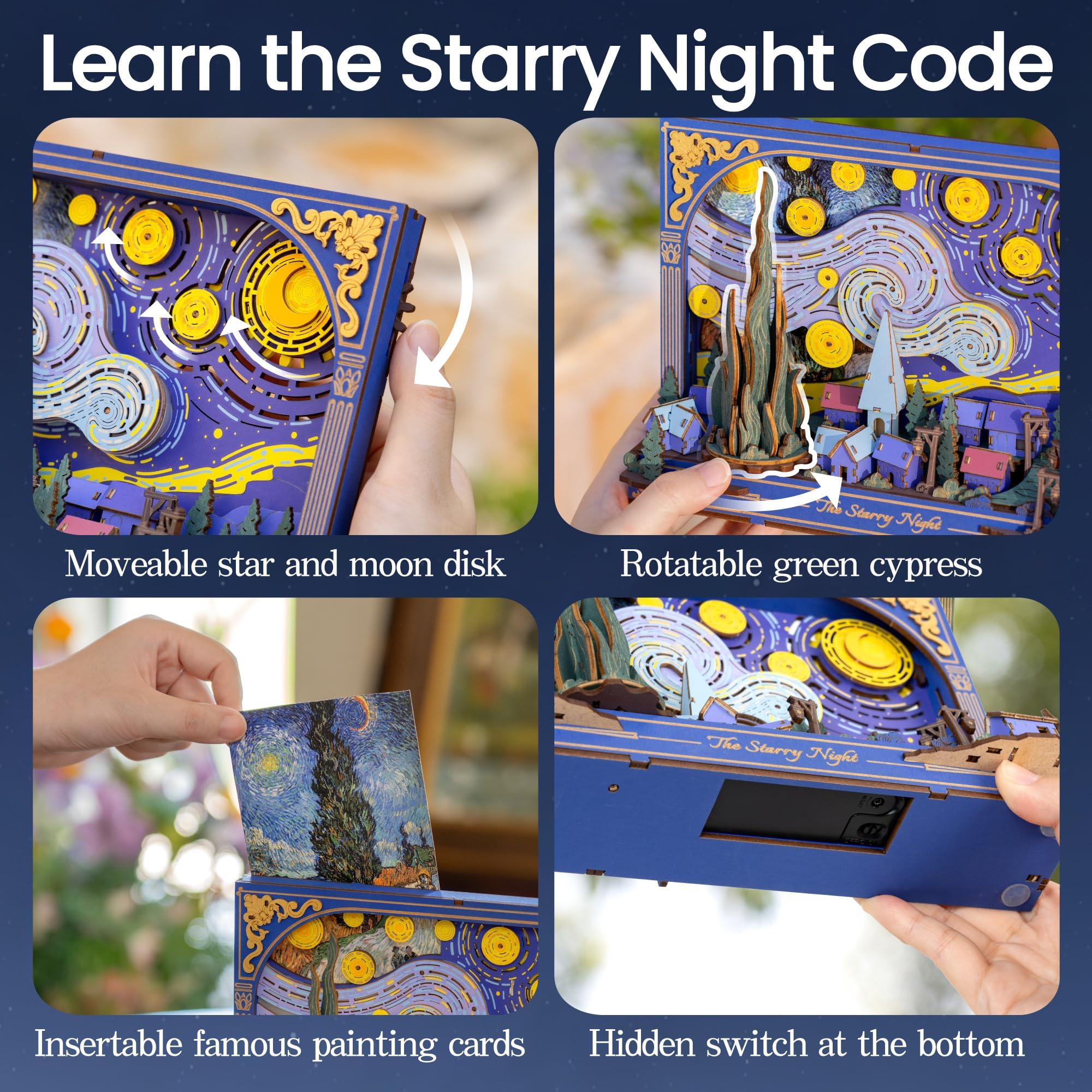 ROBOTIME 3D Wooden Puzzle The Starry Night, Model Kits for Adults to Build Hangable Art 3D Painting Wall Decor - Image 4