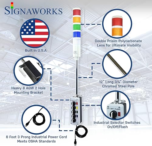 Miniatura 3 de Signaworks Luz LED de torre Andon de 5 pilas superbrillante, 3 puntos de encendido y apagado, rojo/ámbar/verde/azul/blanco, cable de alimentación