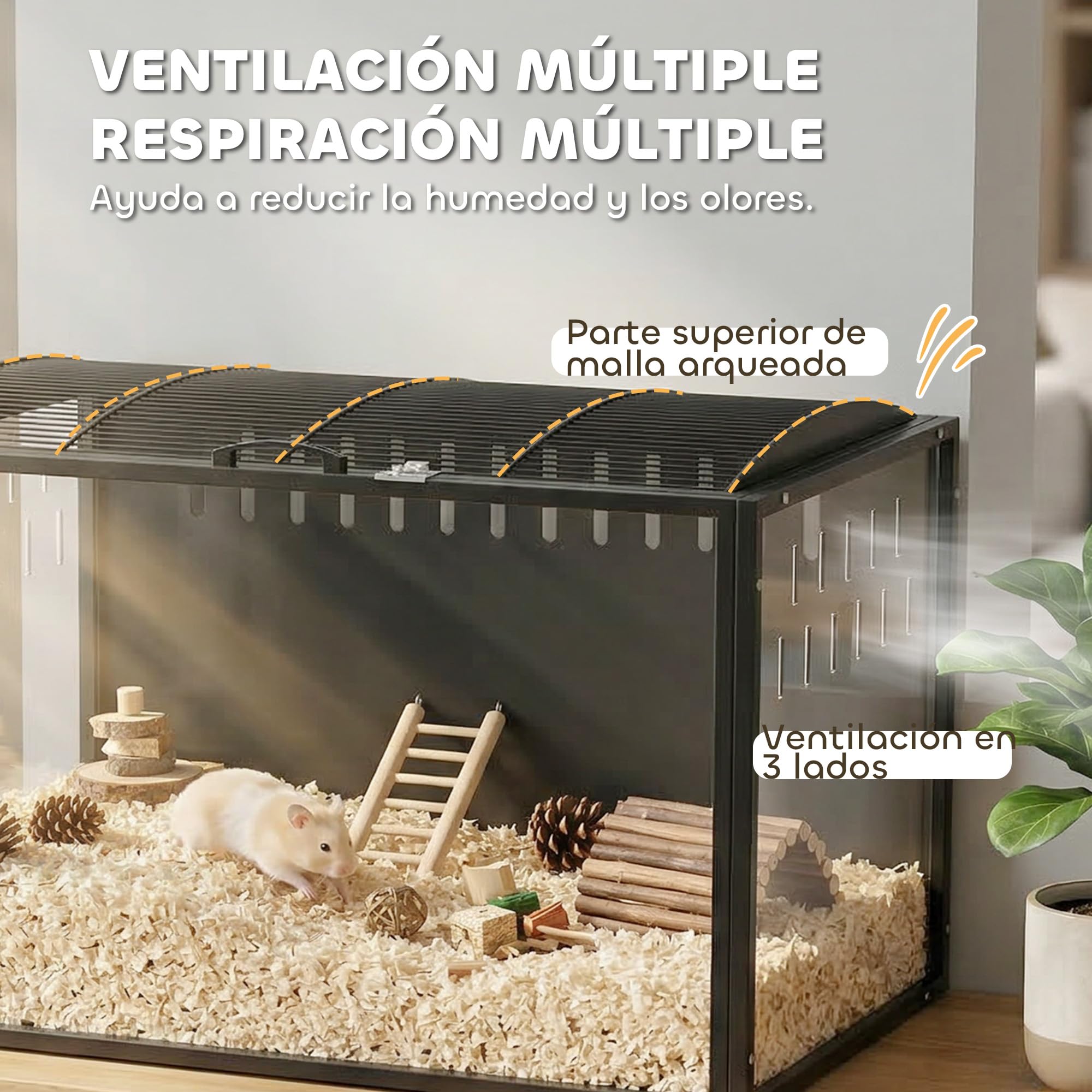 PawHut Jaula para Hámster Grande, 105x51x53 cm, Casa para Roedores Pequeños con Tapa Ventilada Abatible, Marco Metálico, Paneles Transparentes de Acrílico, Resistente a Mordiscos, Ratas, Jerbos, Negro