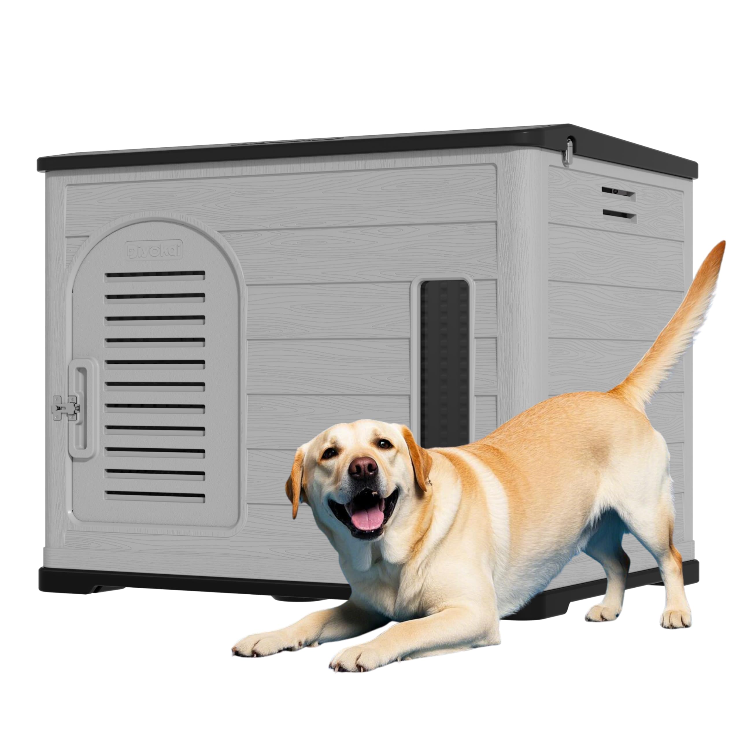 DIYOKAI XLarge Durable Plastic Dog House for Big Dogs - Indoor Outdoor Double-Layer Insulated Doghouse with Open-Top Cover, Lockable SlidingDoor,